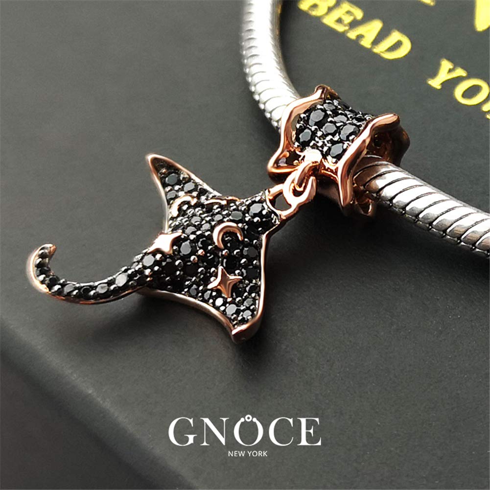 GNOCE 925 Sterling Silver Snake Chain Charm Bracelet with Flying Mobula Bead & Safety Clasp - Elegant Black Jewelry for Women, Perfect for Gifts, Parties & Everyday Wear
