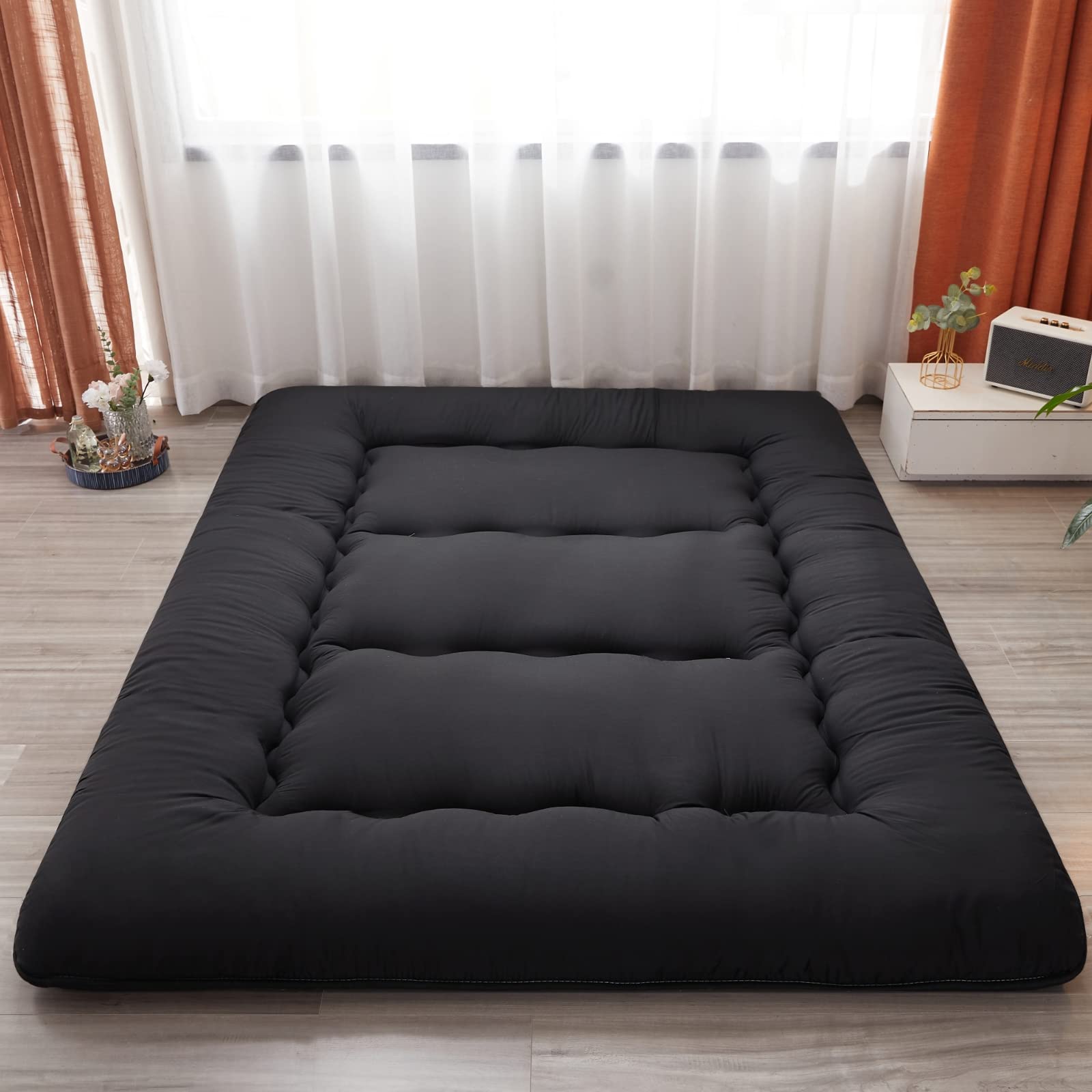 Japanese Floor Futon Mattress - Thick Foldable Tatami Sleeping Pad for Kids & Adults, Washable Cover - Black Queen Size for Dorm, Bedroom, or Guest Room