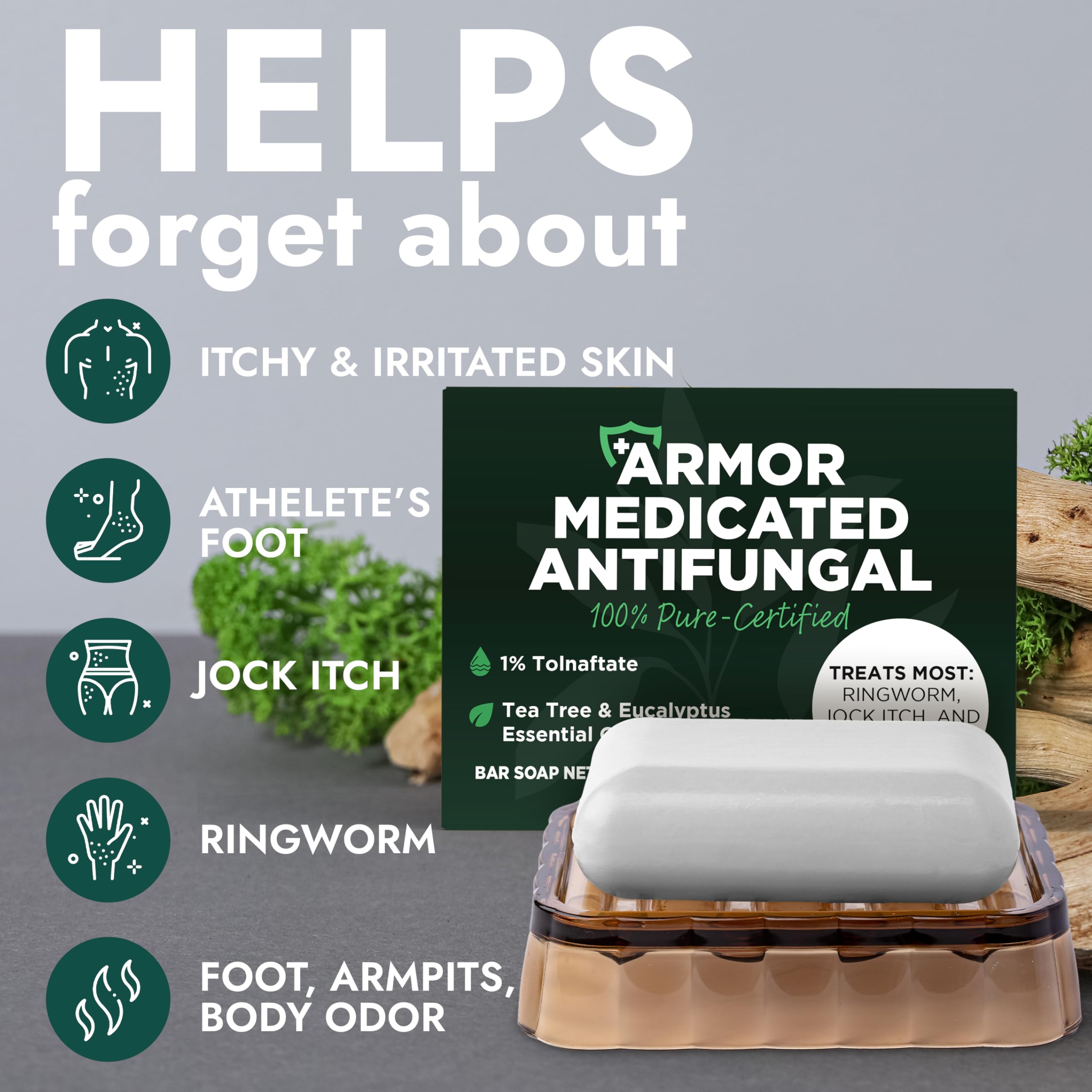 Antifungal Soap Pack of 2 - Medicated Jock Itch Treatment for Men & Women | Fights Ringworm, Athlete's Foot & Fungal Infections | Antibacterial Tea Tree Oil Soap with 1% Tolnaftate & Exfoliating Scrubber | Deep Cleansing for Gym, Sports & Daily Hygiene