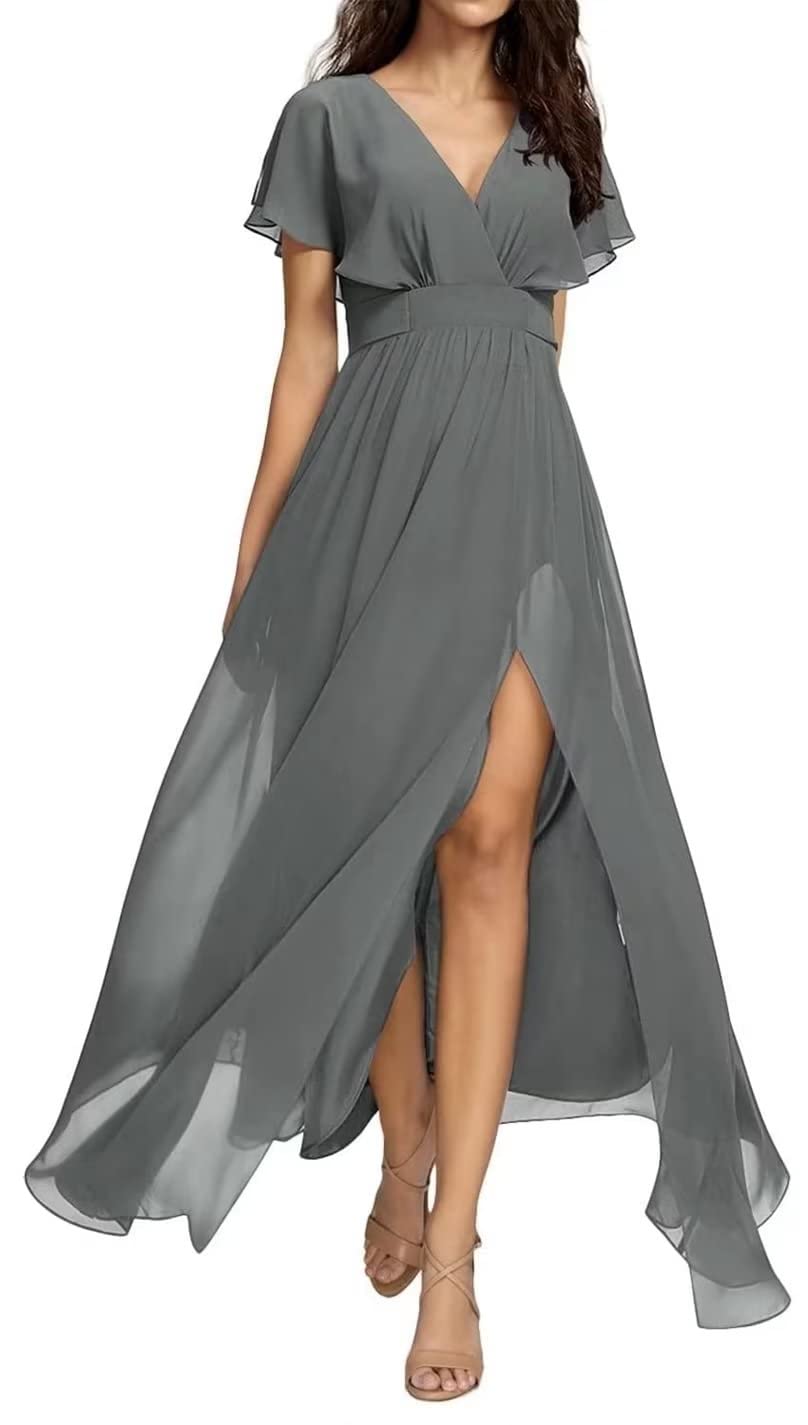 Elegant Grey V-Neck Chiffon Bridesmaid Dress with Side Slit & Pockets - Formal Evening Gown for Wedding Party, Prom, Cocktail Events