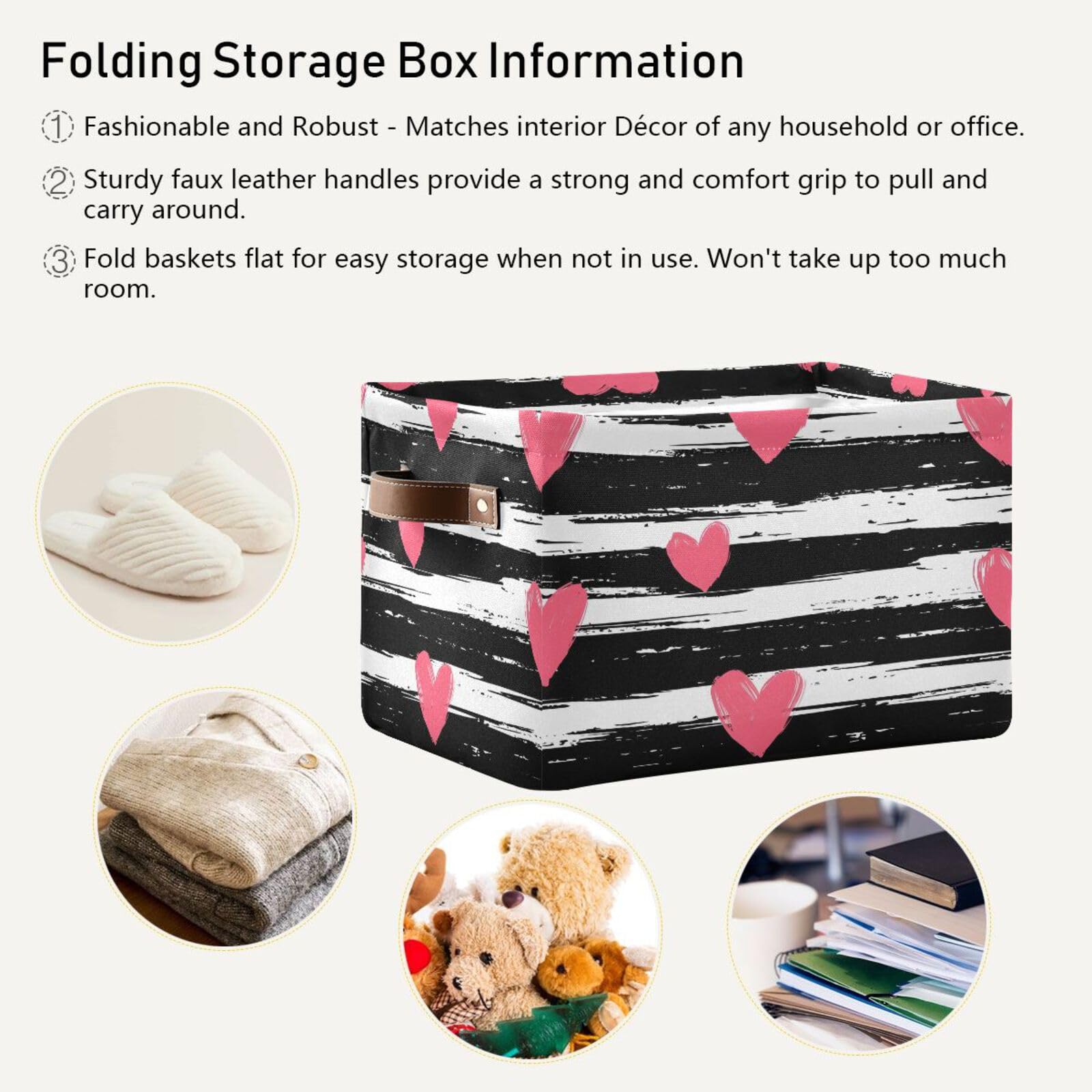 Hearts Striped Storage Basket - Foldable Canvas Fabric Organizer Bin with Handles for Home, Closet & Bedroom Organization (2-Pack) | Perfect for Toys, Blankets & Seasonal Decor Storage