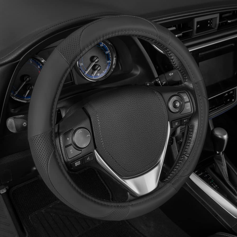 Motor Trend Soft Touch Steering Wheel Cover - Perforated Microfiber Leather with Classic Stitching for 14.5” to 15.5” Wheels (Black) | Non-Slip Grip, Comfort Driving, Heat & Sweat Protection for Cars, Trucks & SUVs