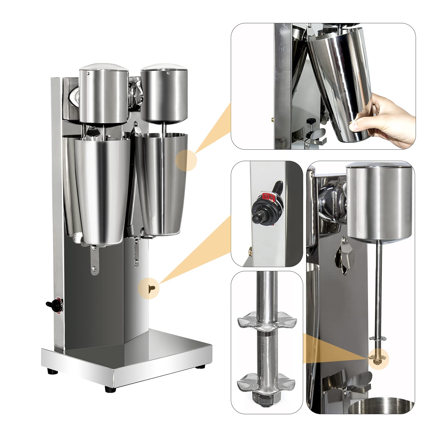 Commercial Stainless Steel Milkshake Maker Machine - Dual Head Electric Blender with 2 Speeds (110V 180W) for Shakes, Smoothies & Frozen Drinks - Perfect for Restaurants, Cafes & Ice Cream Shops