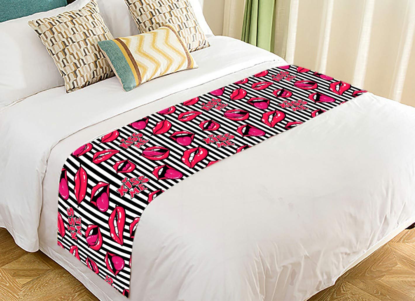 ABPHQTO Lips Kiss Smile Tongue Teeth Bed Runner Scarf - 20x95 Inch Decorative Bedding for Valentine's Day, Wedding, Party & Home Decor