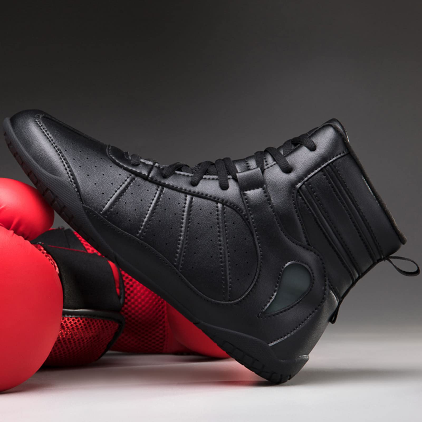 EMDPBD Men's Professional Boxing & Wrestling Shoes - Breathable Combat Training Boots with Rubber Sole (Black, Size 9) | Perfect for MMA, Boxing, Wrestling & Gym Workouts