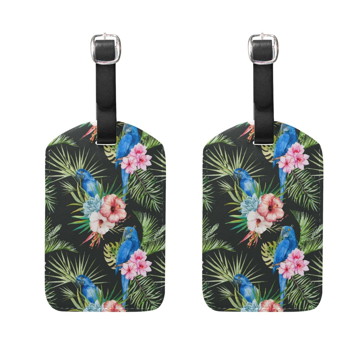 Premium PU Leather Luggage Tags Set - Blue Parrot & Hibiscus Flower Design for Travel Suitcases | Durable ID Tags for Airports, Cruise Ships & Vacation Trips