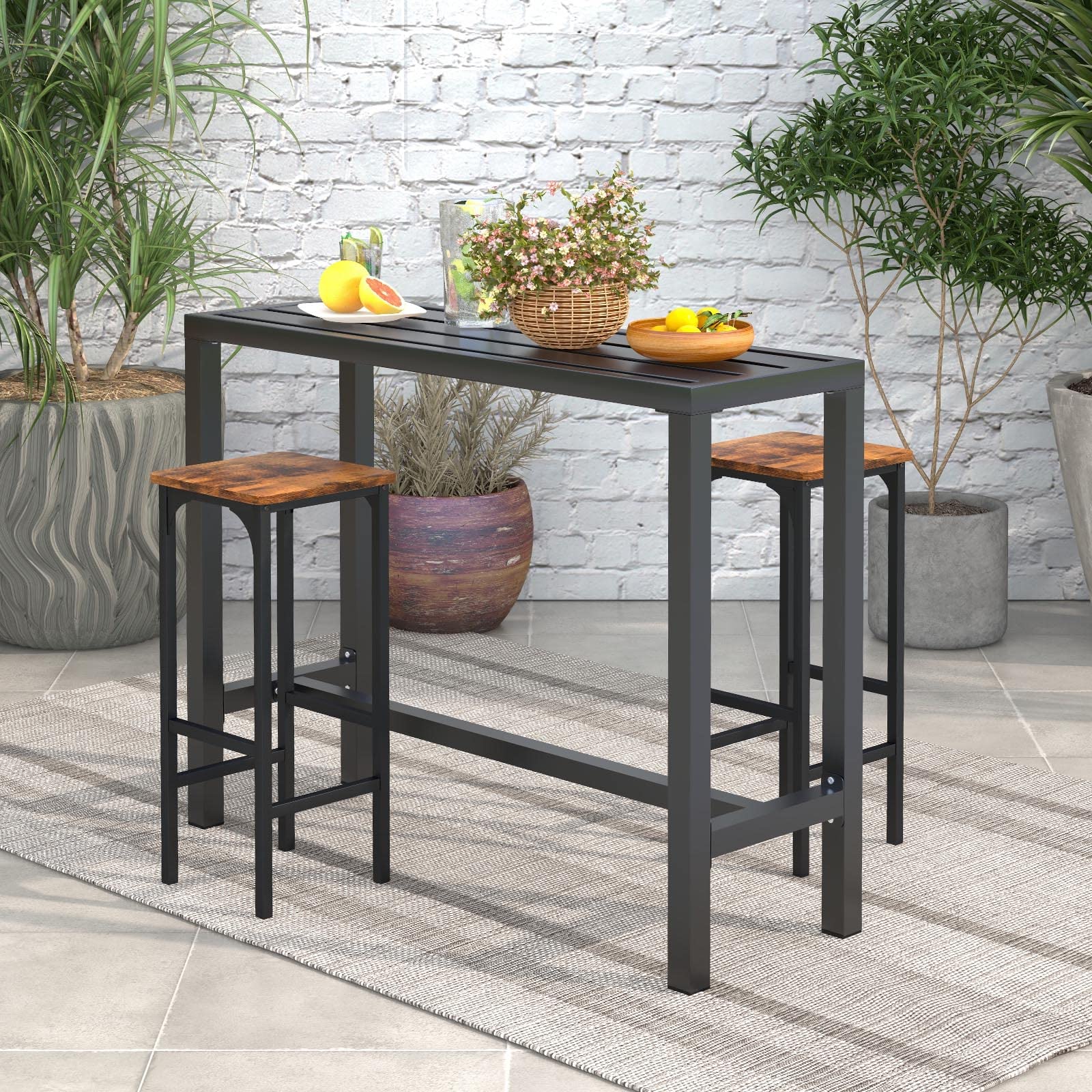 COSTWAY 48-inch Outdoor Bar Table - Narrow Counter Height Dining Table with Waterproof Top & Heavy-Duty Metal Frame - Black Rectangular Pub Table for Hot Tub, Garden, Patio, Backyard & Poolside - Perfect for Outdoor Entertaining & Relaxation
