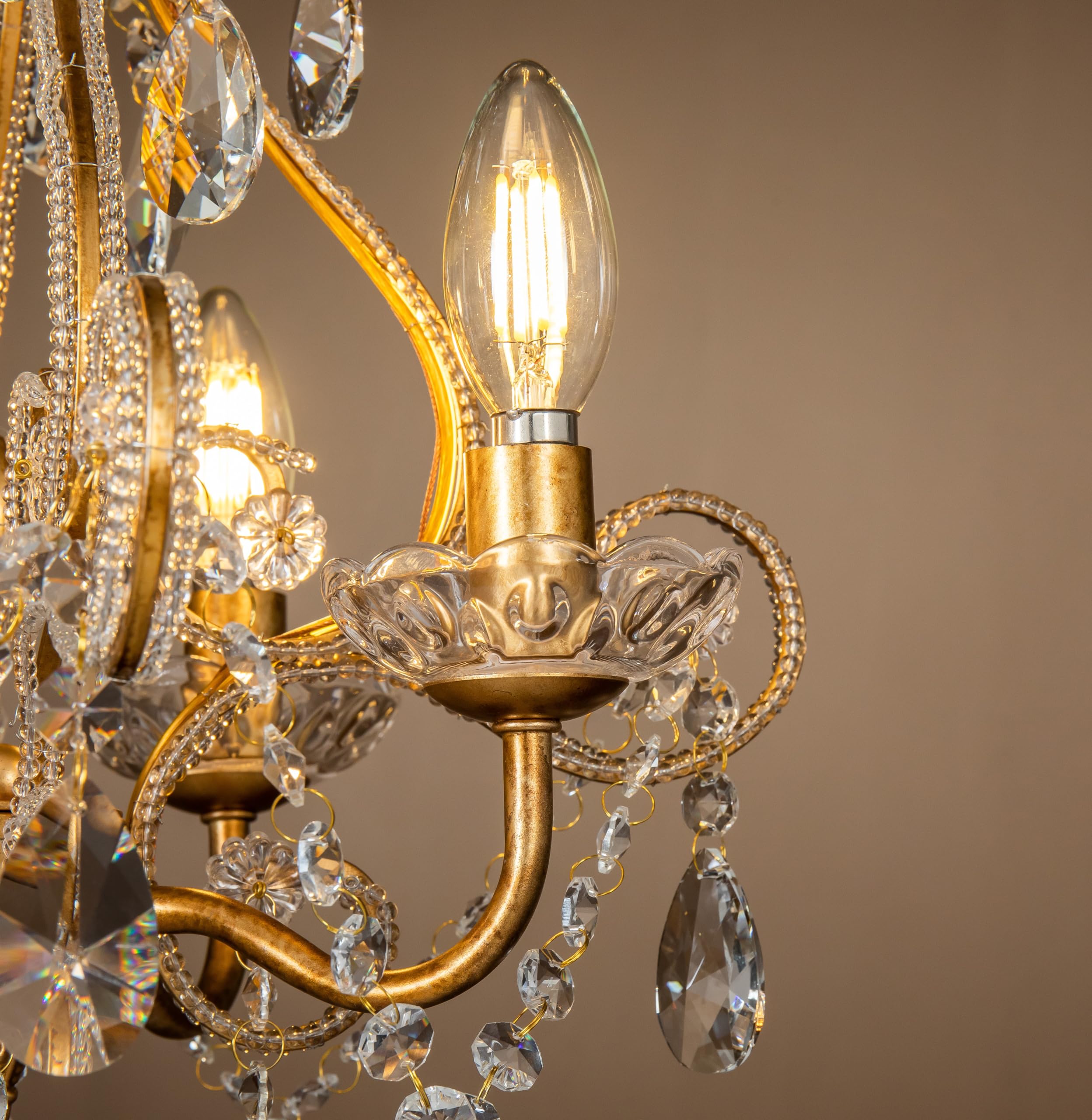 4-Light 14-Inch French Country Chandelier - Antique Gold Small Crystal Dining Room Chandelier - Vintage Swag Lamp with Crystal Teardrop Beads - Gothic Style Ceiling Light for Bedroom, Foyer & Living Room