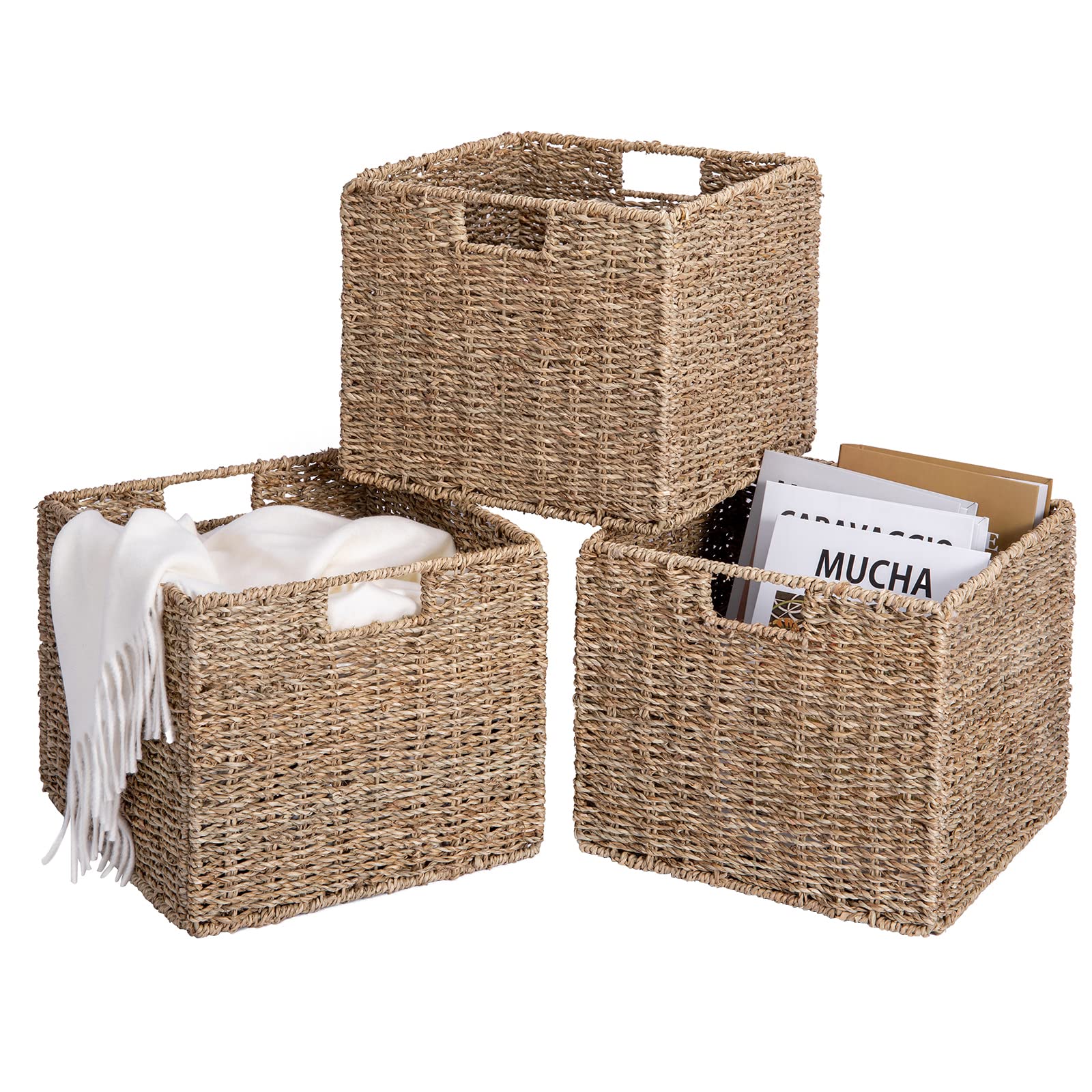 Seagrass Storage Baskets Set of 3 - 12x12x10 Inch Woven Cube Bins for Home Organization | Perfect for Pantry, Kitchen, Bathroom & Shelf Storage | Natural Fiber Decorative Baskets for Clutter-Free Living Spaces
