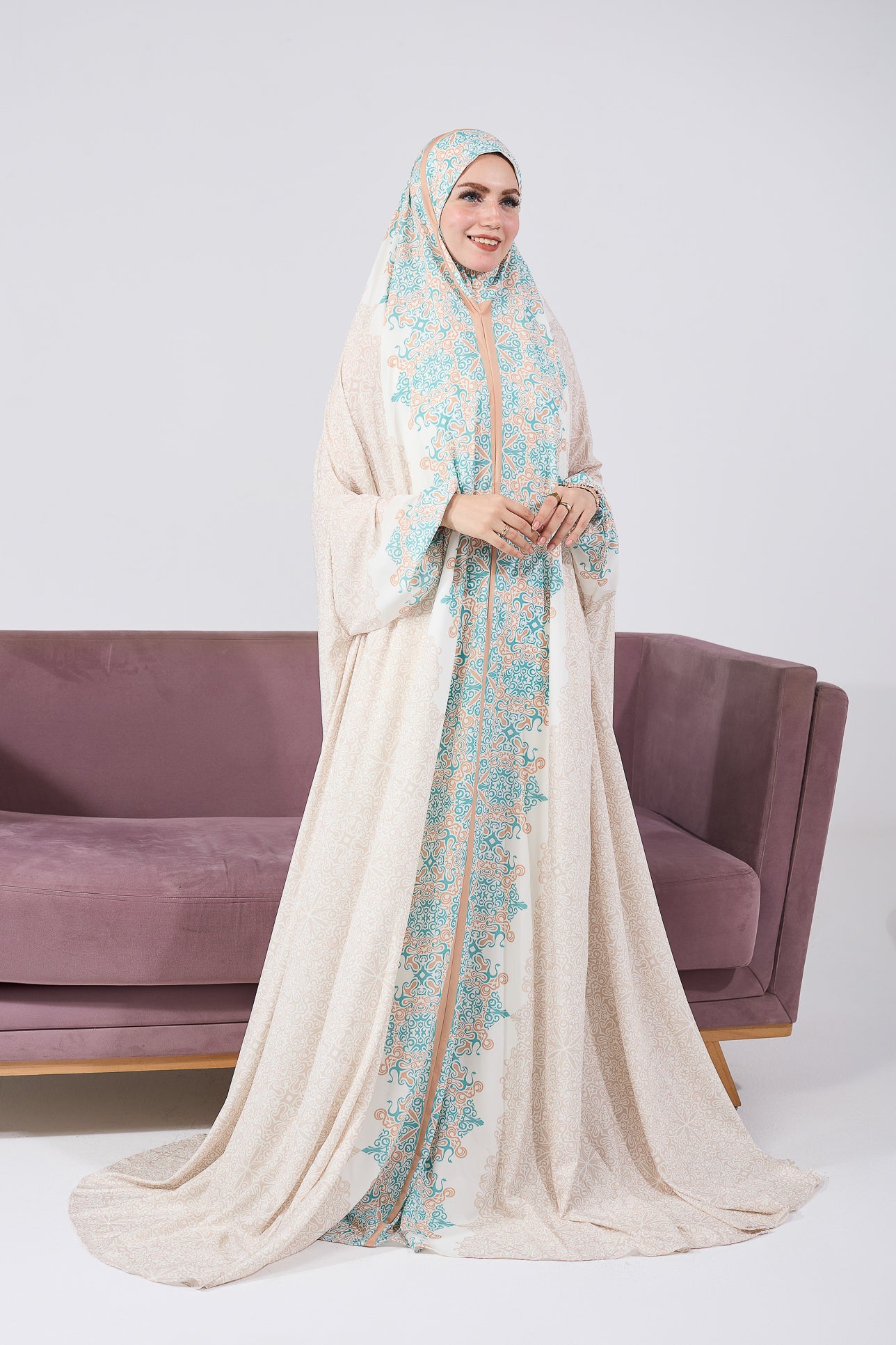 Luxurious Satin Prayer Gown for Women - Elegant Floral Print Islamic Home Dress - Perfect for Salah, Ramadan, Eid & Modest Loungewear