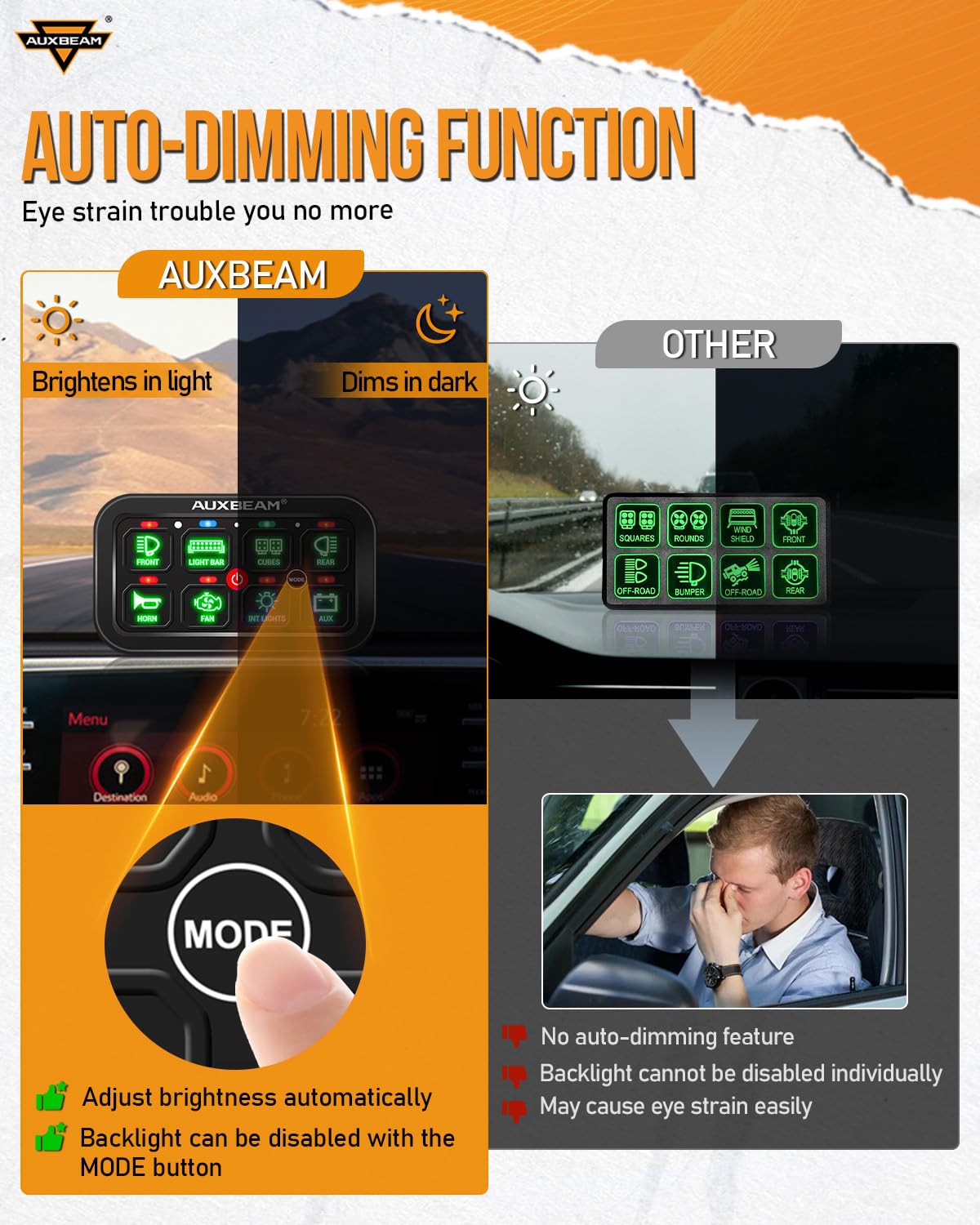 Auxbeam 8 Gang Switch Panel RA80 - Auto-Dimmable RGB LED Toggle Switch Panel with Momentary/Pulse Function, 12V-24V Waterproof Aluminum Switch Panel for Trucks, Offroad Vehicles, Cars, Boats & Marine Use - Perfect for Off-Roading, Overlanding & Marine Applications - 2 Year Warranty
