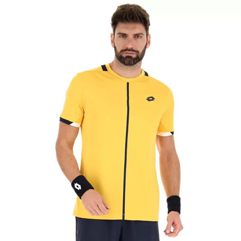 Lotto Men's Top IV Tee - Breathable Cotton T-Shirt for Sports & Casual Wear (Saffron/Navy Blue) - Perfect for Gym, Running & Everyday Outfits