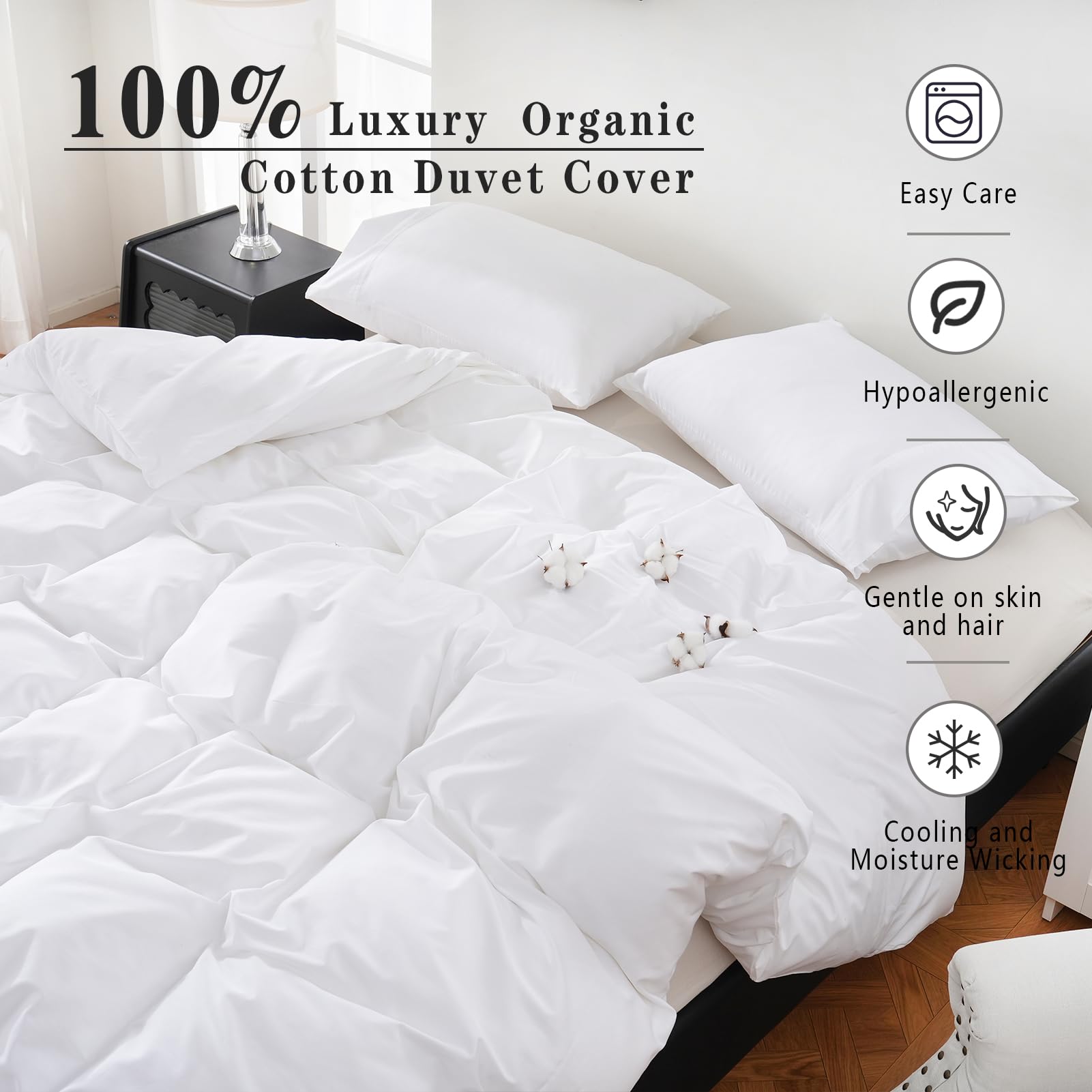 100% Organic Cotton Duvet Cover Queen Size - 400 Thread Count Sateen Comforter Cover Set - Soft, Breathable & Cooling Bedding - 3 Piece Set (White) - Perfect for Hot Sleepers & Allergy Sufferers - Ideal for Master Bedrooms, Guest Rooms & Dorm Essentials