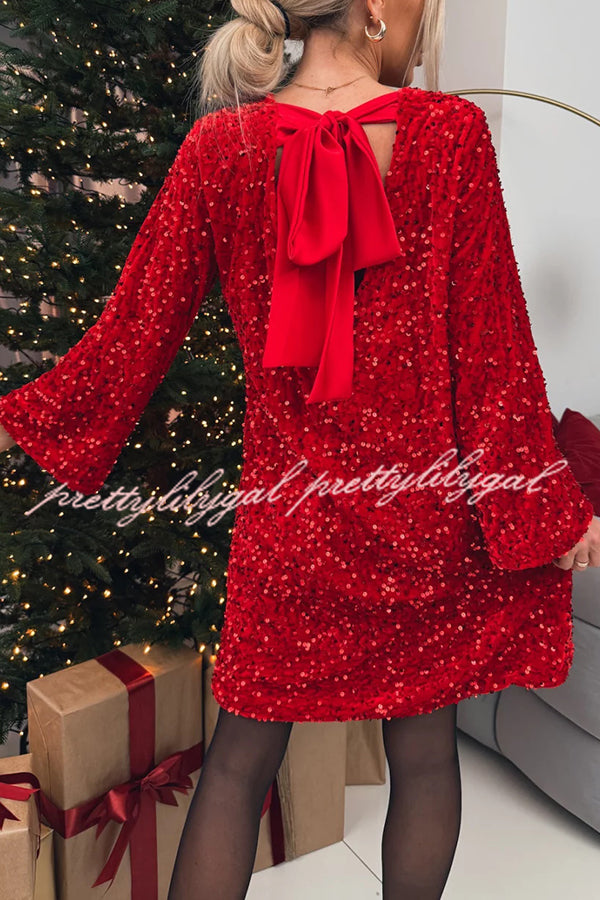 Velvet Sequin Back Bow Bell Sleeves Loose Mini Dress - Elegant Party Wear for Women, Perfect for Christmas, New Year, Prom & Special Occasions