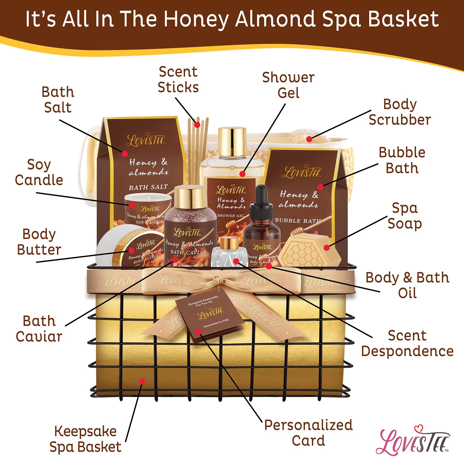 Luxury Honey Almond Spa Gift Basket for Women - Bath & Body Set with Shower Gel, Bubble Bath, Body Butter, Bath Salt, Oil, Candle, Soap & Diffuser - Perfect Mother's Day, Birthday & Relaxation Gifts for Home Spa Experience