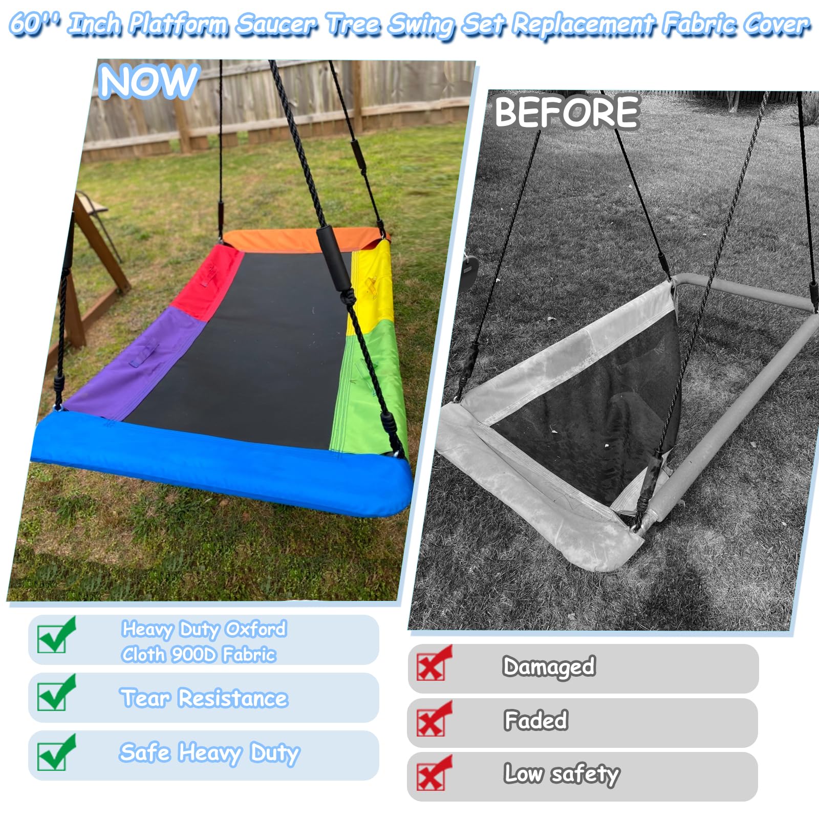 Okcool 700 lbs Capacity 60-Inch Giant Platform Saucer Tree Swing Replacement Cover - Heavy Duty 900D Oxford Fabric for Outdoor Play, Backyard Fun & Kids Swing Set Accessories