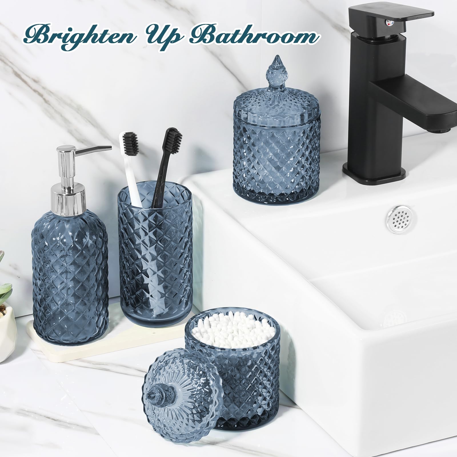 4-Piece Light Blue Bathroom Accessories Set - Diamond Glass Soap Dispenser & Toothbrush Holder | Modern Bathroom Counter Organizer Essentials for Home, Apartment & Guest Bath Decor
