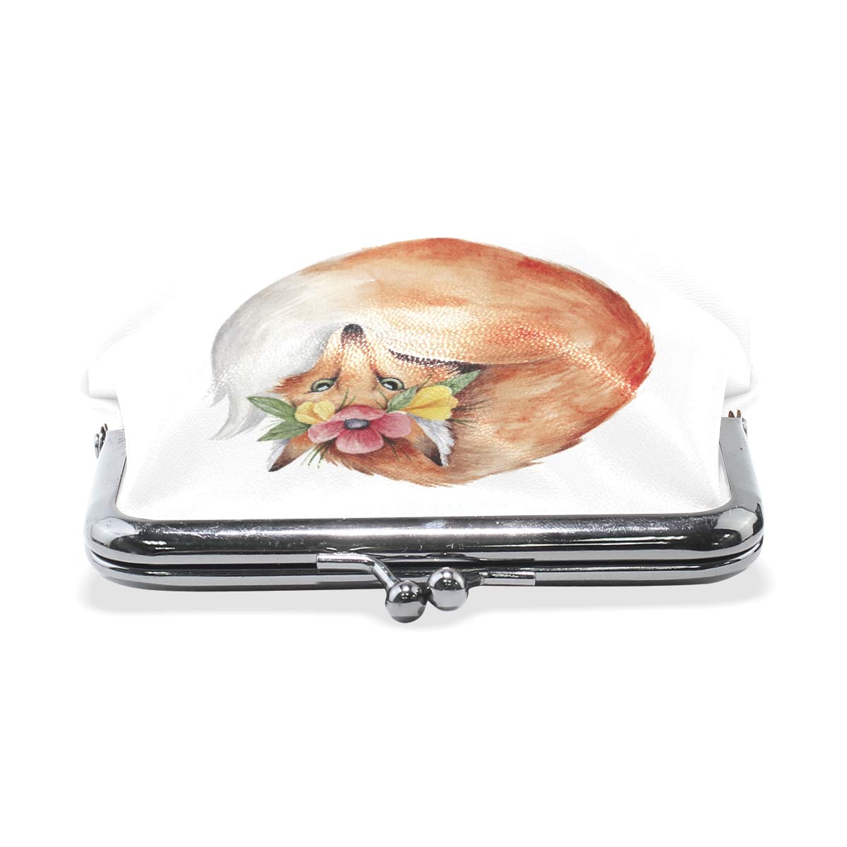 Cute Little Fox Flower Watercolor Coin Purse for Women - Retro Money Pouch with Kiss-lock Buckle, Small Wallet for Cards & Change - Perfect for Daily Use, Travel, and Gift Giving