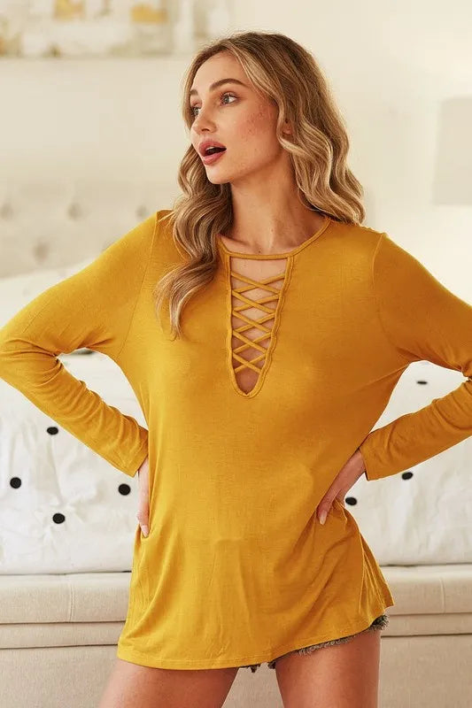 BiBi Jersey Knit Women's T-Shirt with Criss Cross Caged Neck Detail - Casual Summer Tops for Streetwear & Date Night Outfits