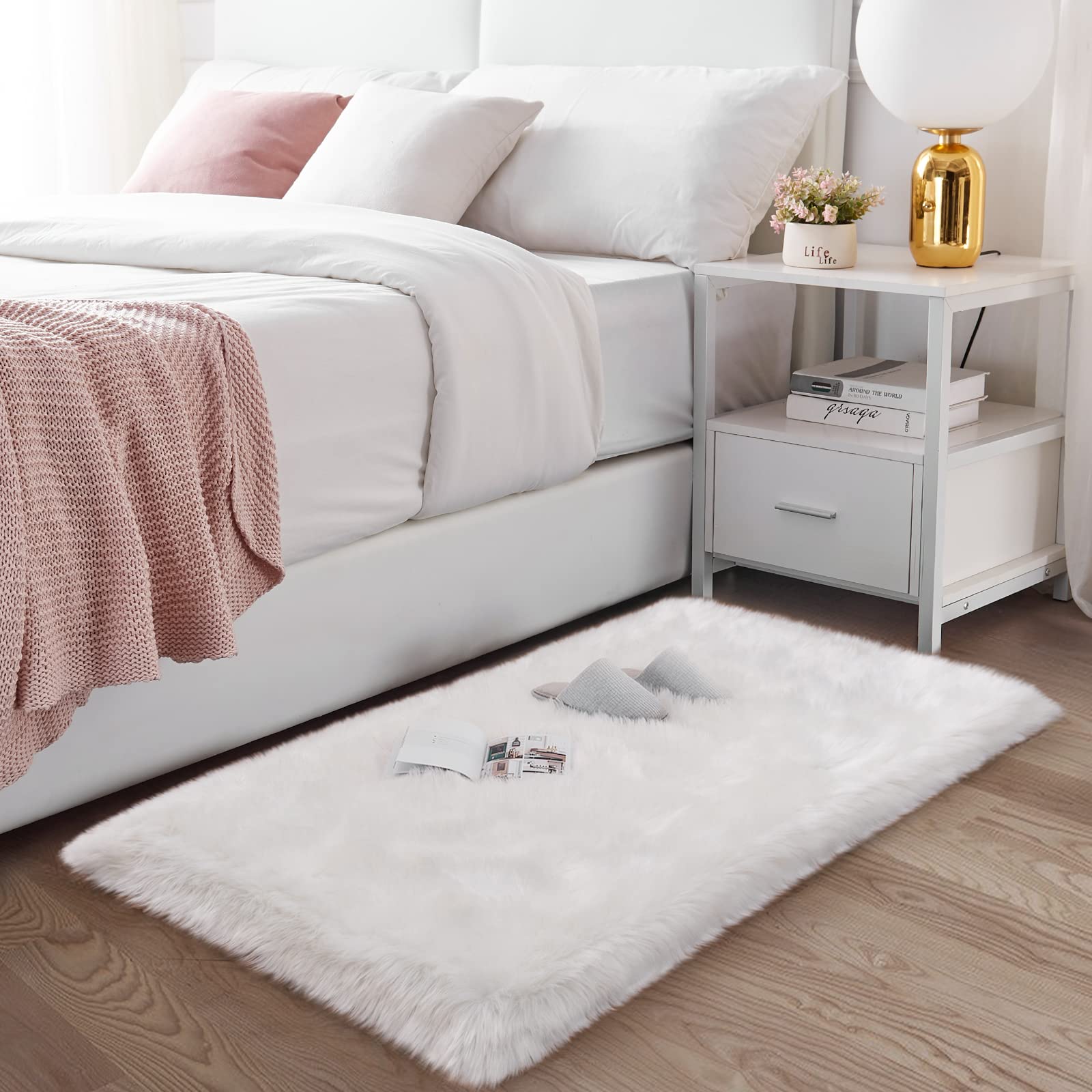 Soft Faux Fur Rug - Fluffy White Shaggy Area Rug 2x4 Feet for Bedroom Decor, Cozy Sheepskin Carpet for Living Room, Nursery & Dorm - Plush Fuzzy Rectangle Rug (White)