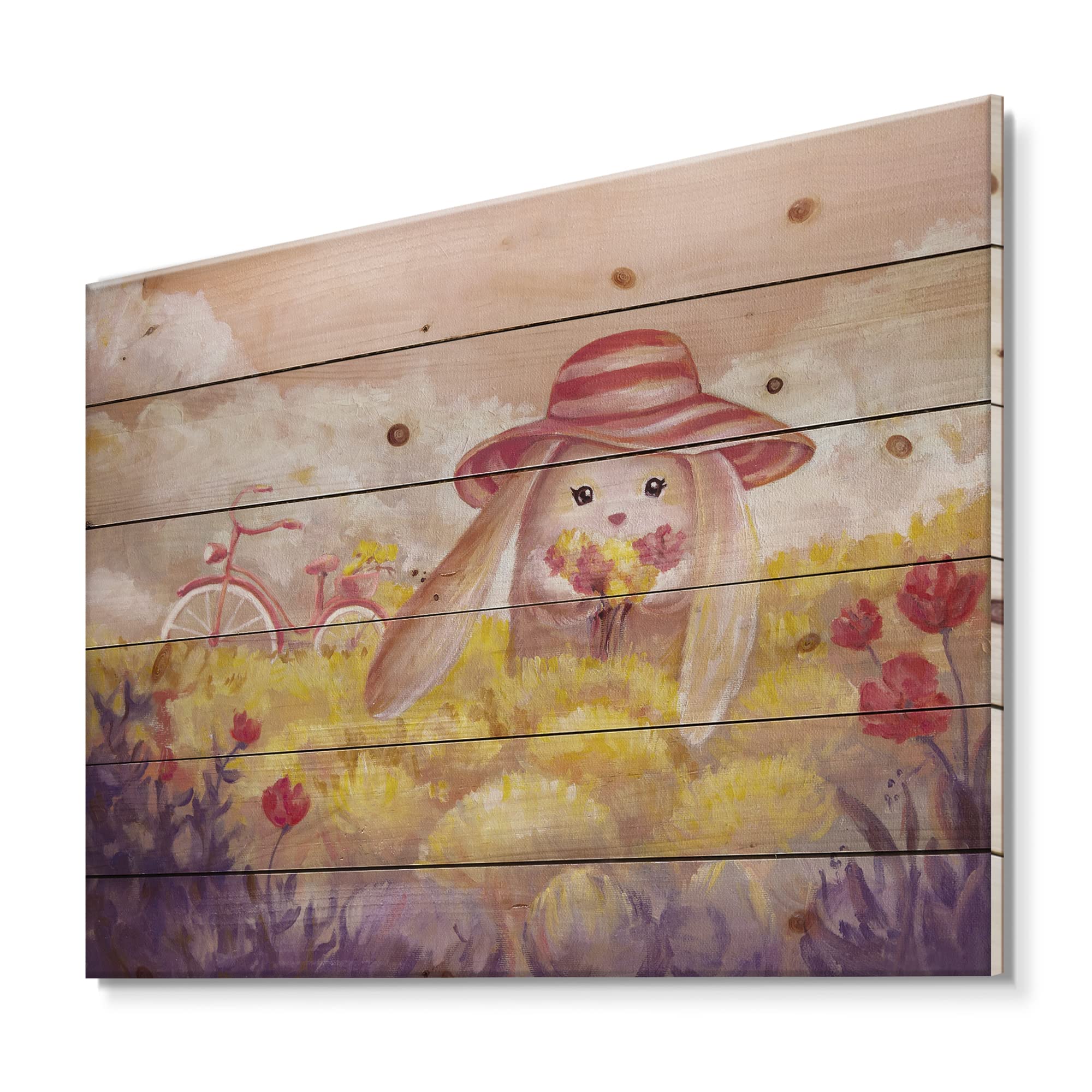 DesignQ Little Bunny With Flowers Traditional Wood Wall Decor - Yellow Wood Wall Art, Large Animal Wood Panel Print on Natural Pine - Perfect for Nursery, Living Room & Farmhouse Decor