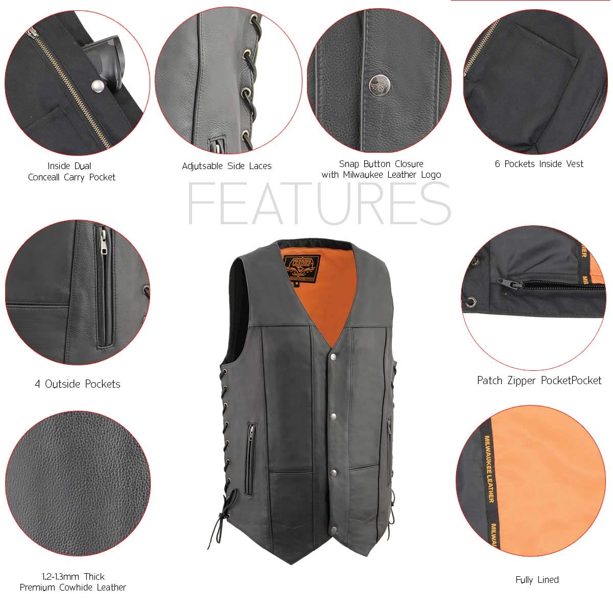 Milwaukee Leather MLM3541 Men's Roulette Black Premium Motorcycle Vest - 10 Pockets, Cool-Tec Leather Treatment for Comfort & Durability - Ideal for Biker Rides, Motorcycle Clubs & Outdoor Adventures
