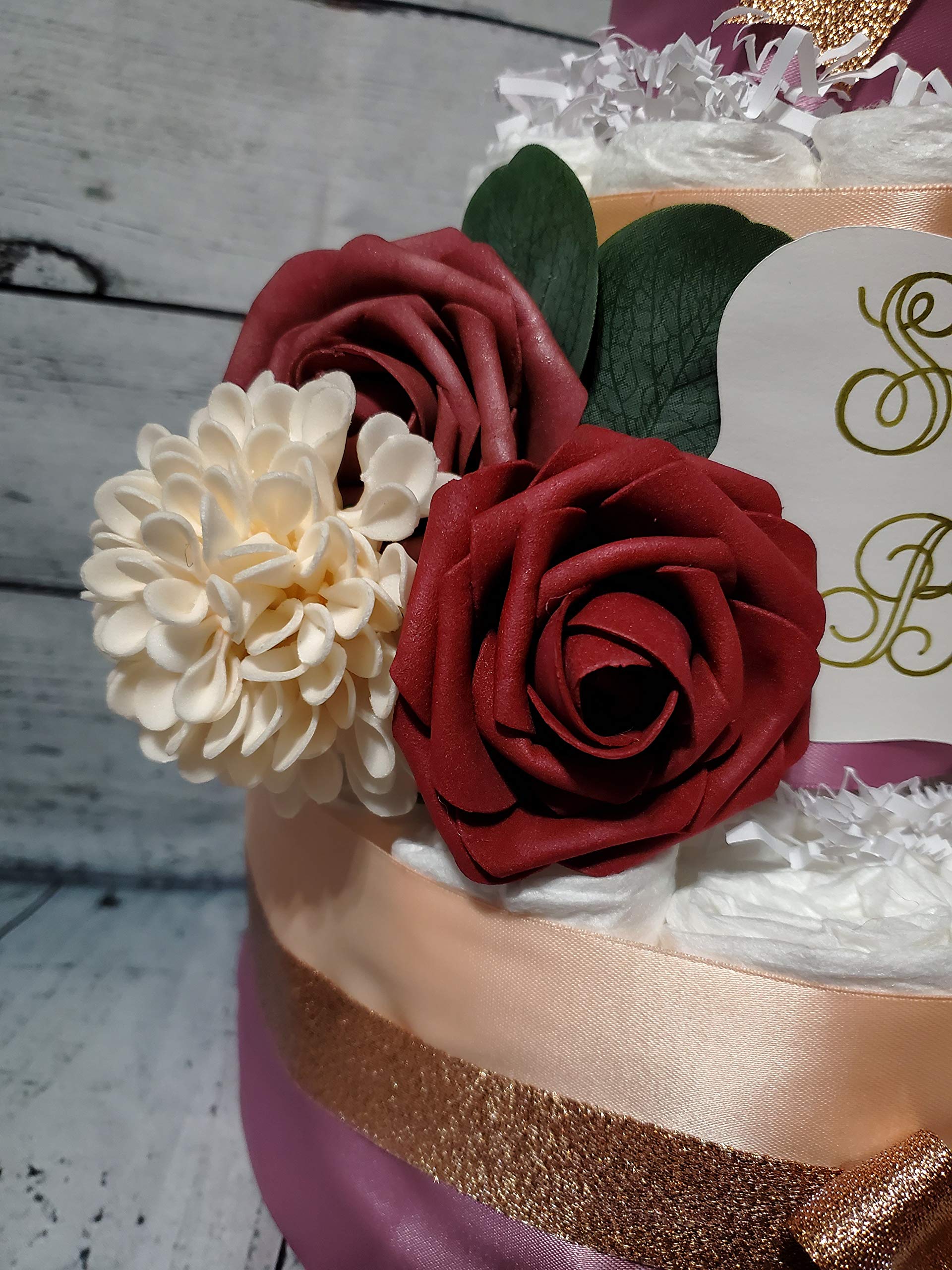 3-Tier Dusty Rose & Rose Gold Diaper Cake with Silk Roses and Dahlias - Perfect Baby Shower Gift for Gender Reveal, Nursery Decor & New Mom Celebration