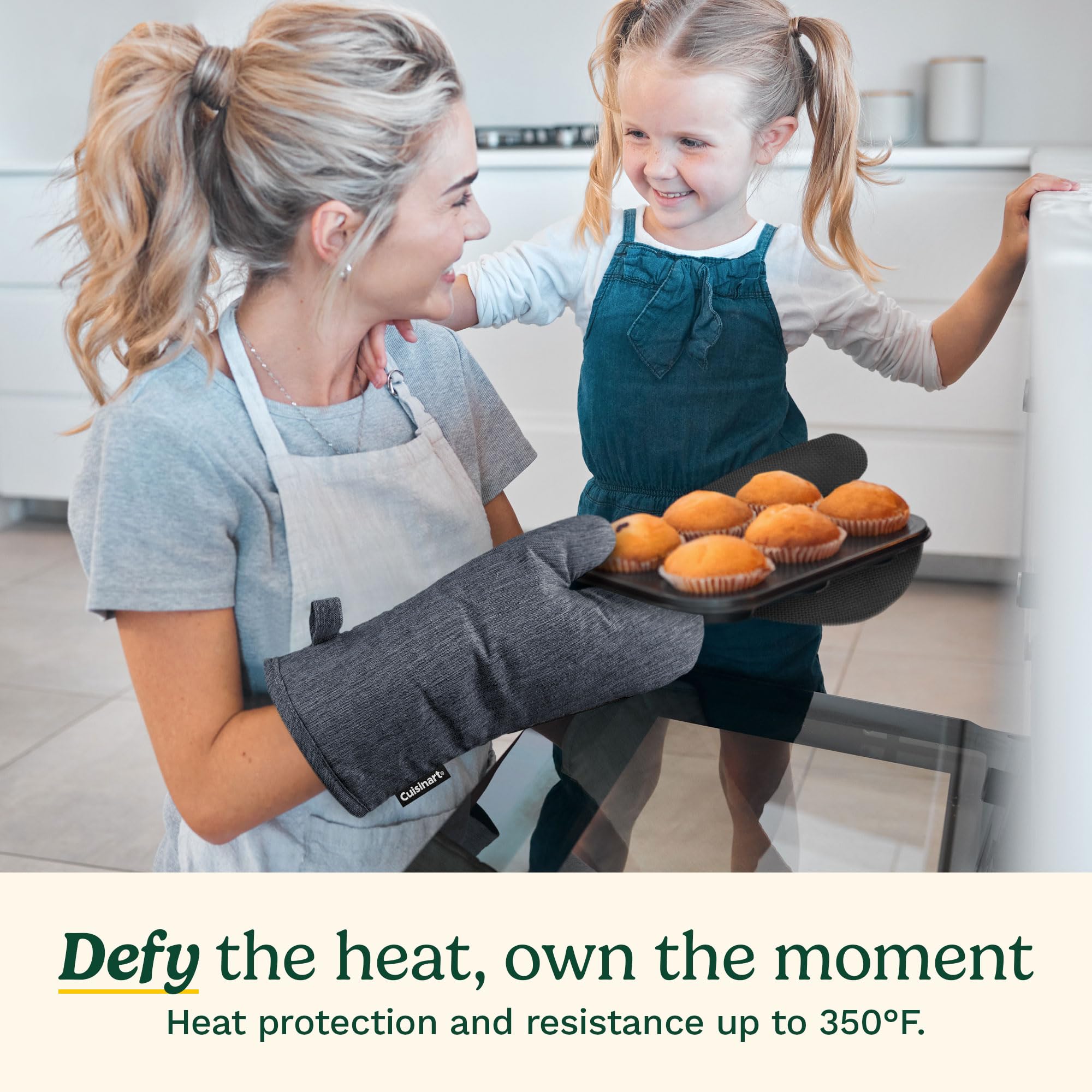 Cuisinart Heat-Resistant Oven Mitts - Non-Slip Neoprene Palm & Long Cotton Cuff for Cooking, Baking, Grilling - Durable Kitchen Gloves for BBQ, Baking Bread, Roasting Turkey (Chambray Blue) - Perfect for Holiday Cooking & Outdoor Grilling
