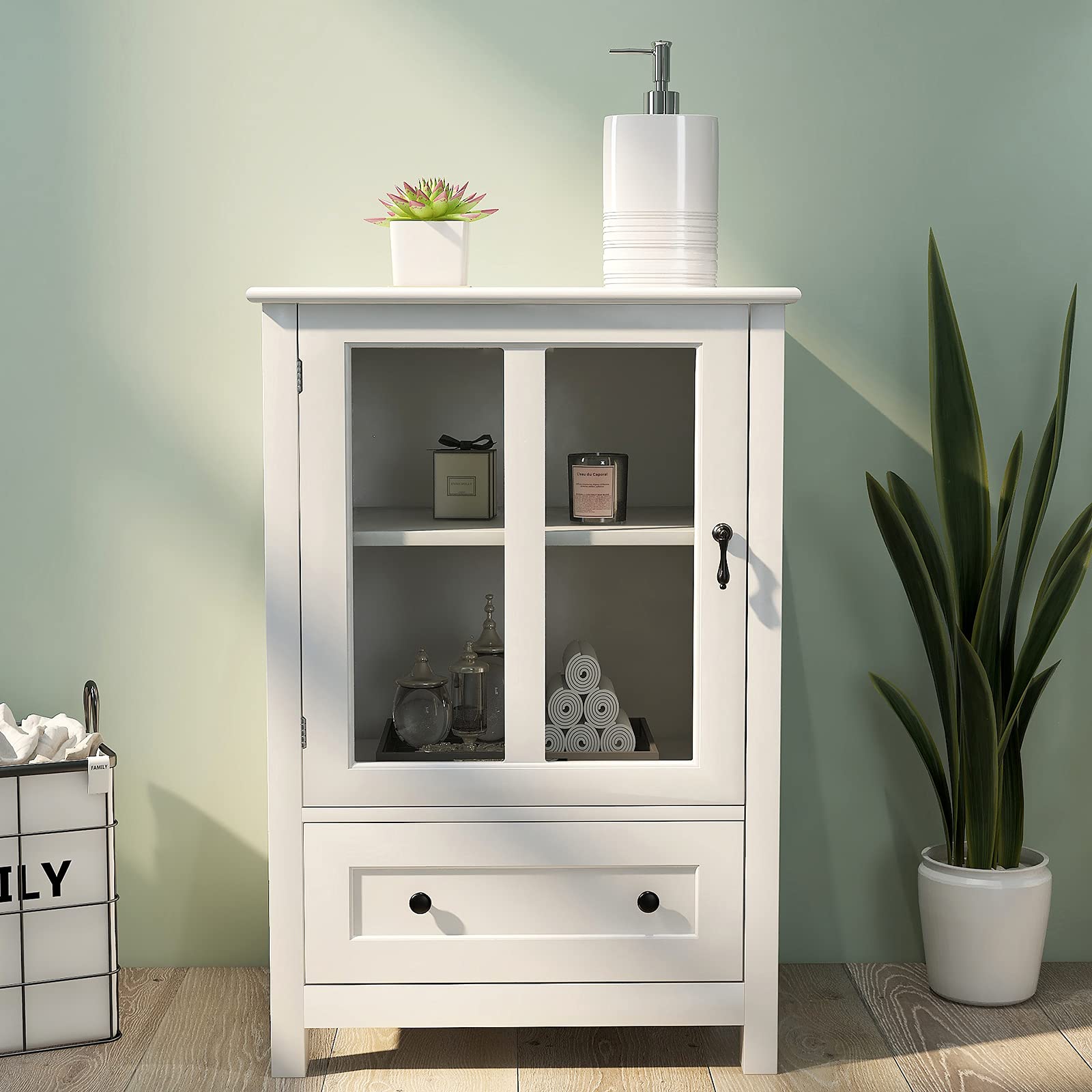 Modern White Wood Buffet Sideboard with Drawer & Glass Door - Kitchen Storage Cabinet, Entryway Console Table for Living Room, Bedroom, Dining Room | Elegant Home Decor & Functional Storage Solution