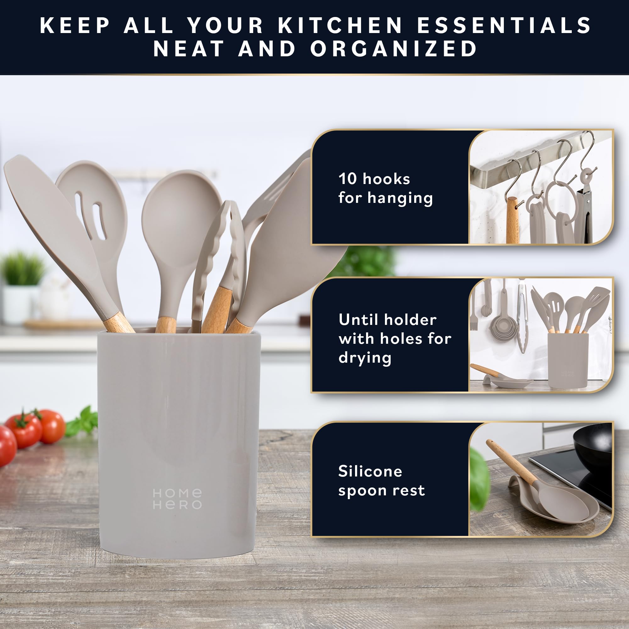 Home Hero 33-Piece Non-Stick Silicone Kitchen Utensil Set with Wooden Handles & Holder - Spatulas, Cooking Tools & Gadgets for Baking, Grilling & Everyday Cooking (Khaki)