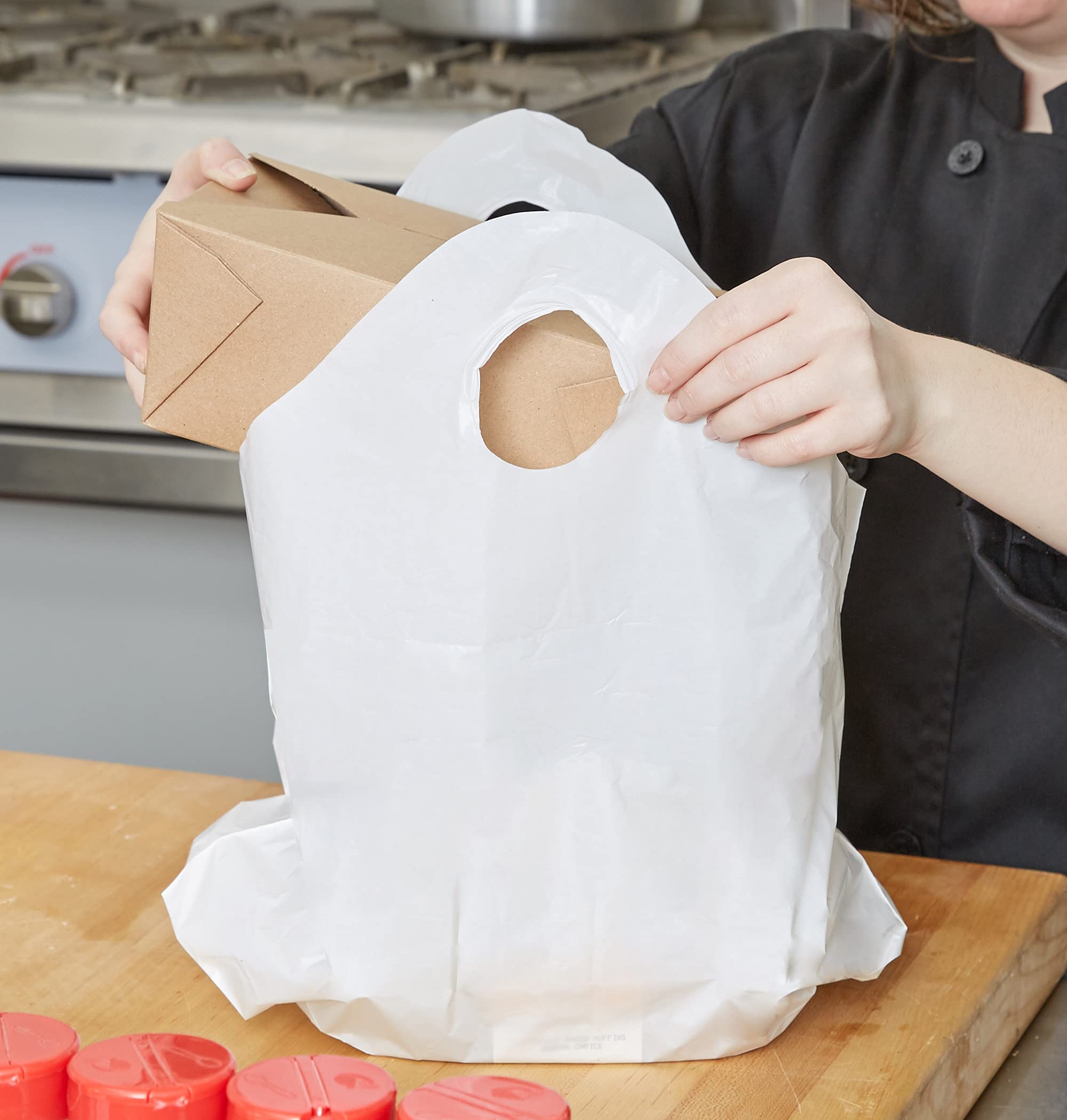500 Pack White Plastic Take-Out Bags with Wave Handles - 16
