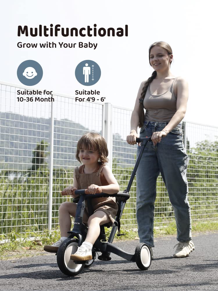 Newyoo 5-in-1 Toddler Tricycle for 1-3 Year Olds - Baby Balance Bike with Parent Push Handle, Safety Guard, Backrest & Belt - Perfect Christmas & Birthday Gift for Boys & Girls (Dark Grey, TR008) - Ideal for Outdoor Play, Park Rides & Learning to Cycle