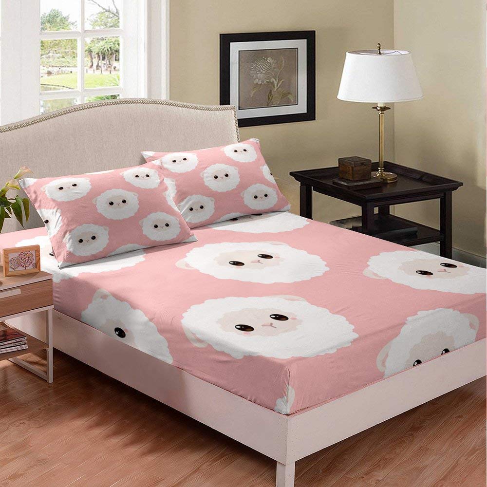 Cute White Sheep Pattern Bed Sheet Set for Teen Boys & Girls - 3 Piece Pink Background Duvet Cover with Deep Pocket (1 Fitted Sheet + 2 Pillow Cases) - Soft Animal Themed Bedding for Kids Room Decor & Nursery