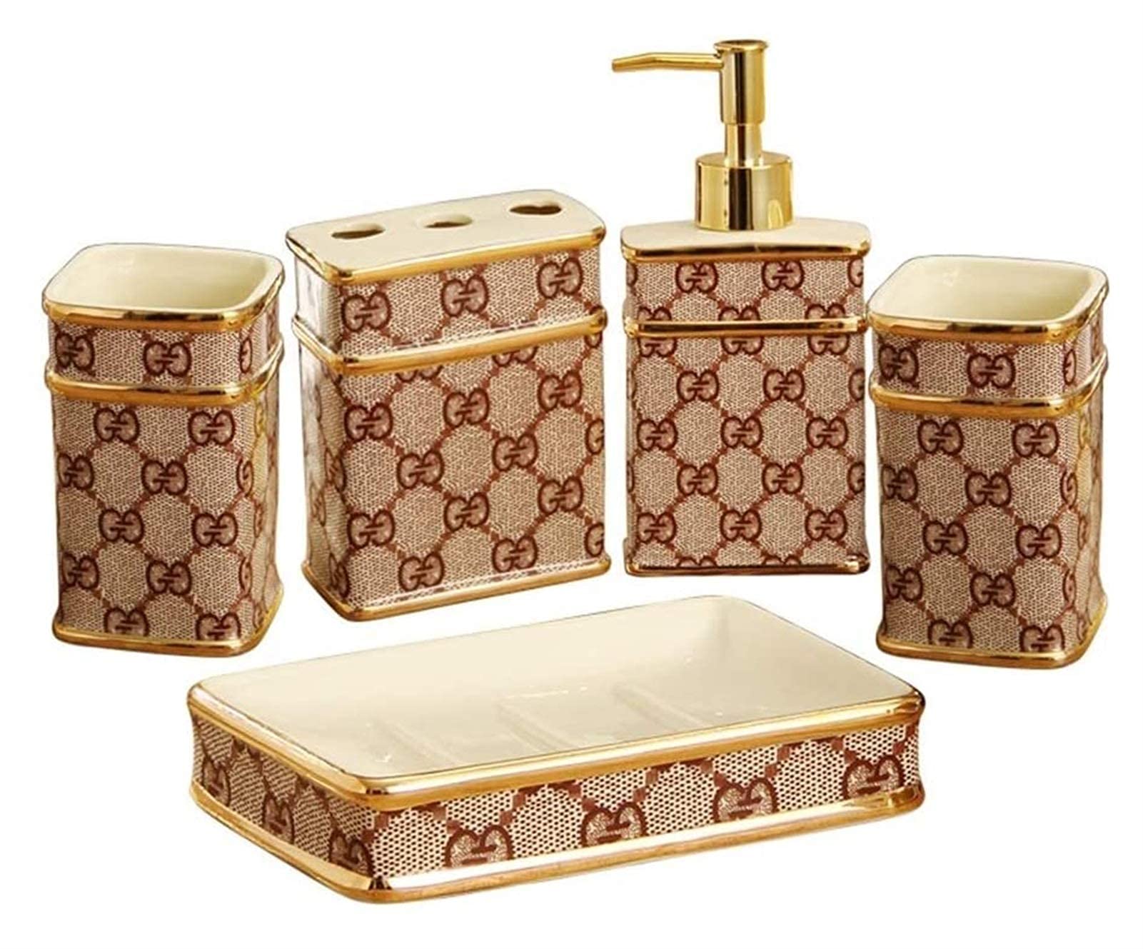 Premium Ceramic Soap Dispenser Set - 5 Piece Bathroom Accessories Kit with Toothbrush Holder, Mouthwash Cup & Soap Dish - Elegant Hotel Style Decor for Home, Spa, or Guest Bathroom