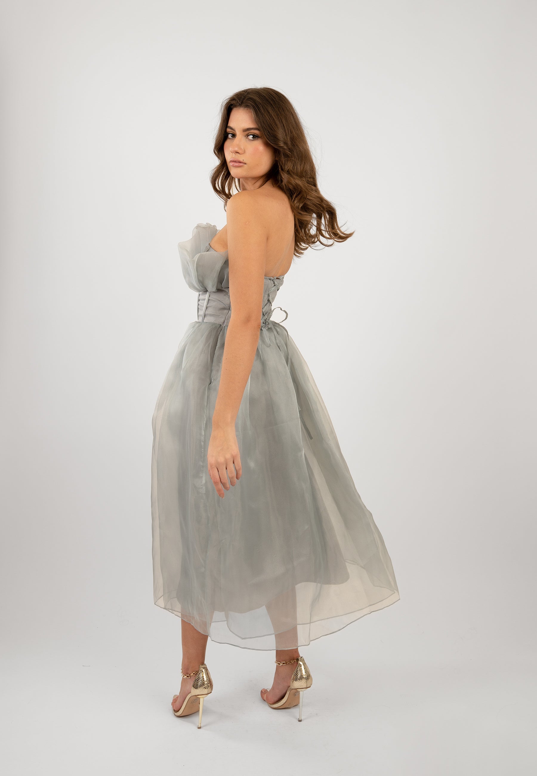 Elegant Grey Organza Midi Dress for Women | Noah Formal & Party Dress | Perfect for Weddings, Cocktail Parties & Special Occasions