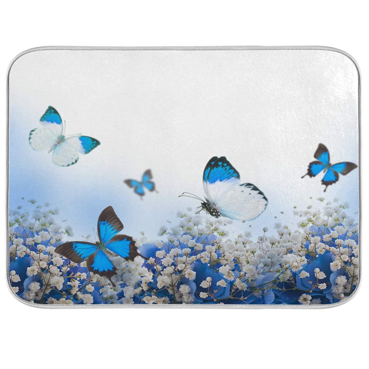 Susiyo Super Absorbent Microfiber Dish Drying Mat - Blue Hydrangeas & Butterfly Design - Heat-Resistant Kitchen Counter Mat (18x24 Inch) for Drying Dishes, Utensils & Cookware - Perfect for Kitchen Countertops, Sink Areas & Dish Rack Protection