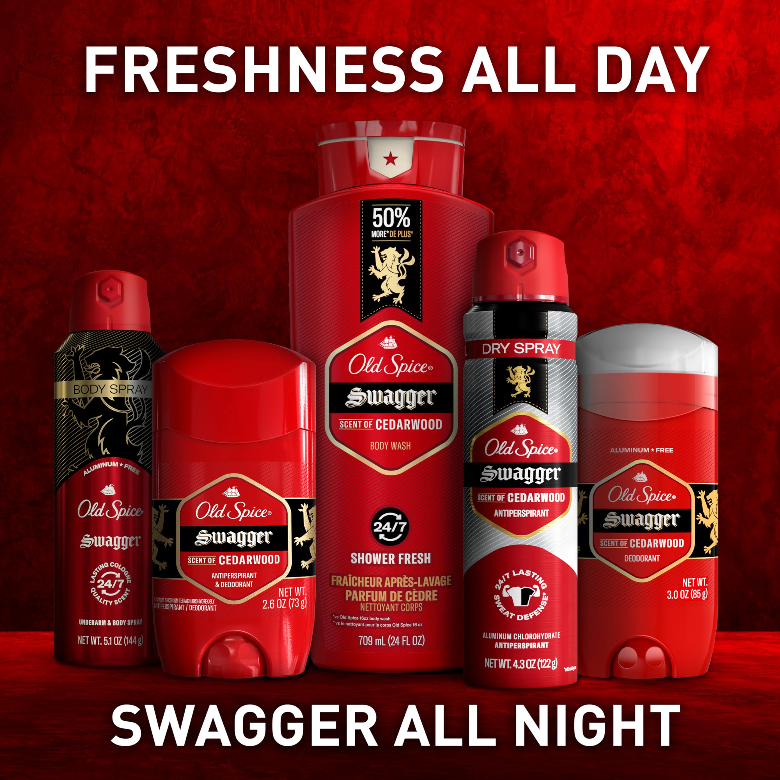Old Spice Men's Body Wash - 24/7 Shower Fresh with Long-Lasting Cedarwood Scent, Swagger Red Collection, 33.4 fl oz (Pack of 4) | Refreshing Daily Shower Gel for Gym, Work & Active Lifestyle
