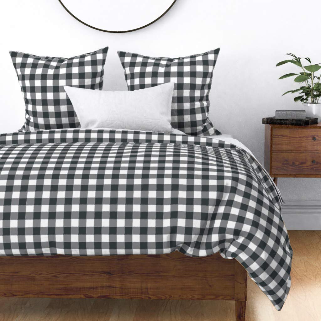 Custom Spoonflower Cotton Sateen Duvet Cover King/California King - Charcoal Buffalo Check Gingham Plaid Bedding Set | Dark Gray Watercolor Print | Soft Luxury Bedroom Decor for Modern & Farmhouse Style Homes