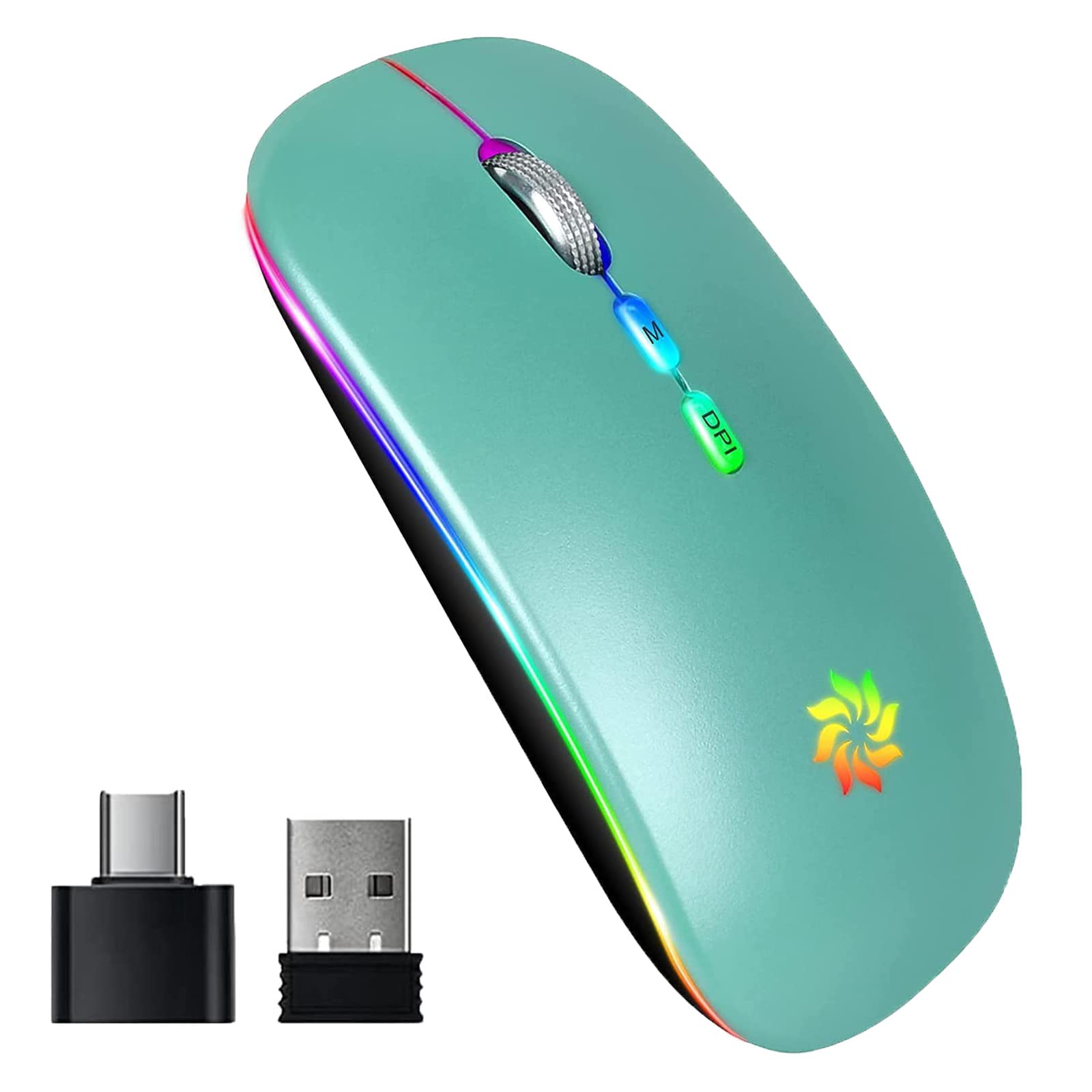 KBCASE Slim Silent Wireless Mouse - 2.4G Rechargeable LED Mouse for Laptop, MacBook, iPad, Chromebook with USB & Type-C Receiver - Perfect for Office, Home, and Travel Use