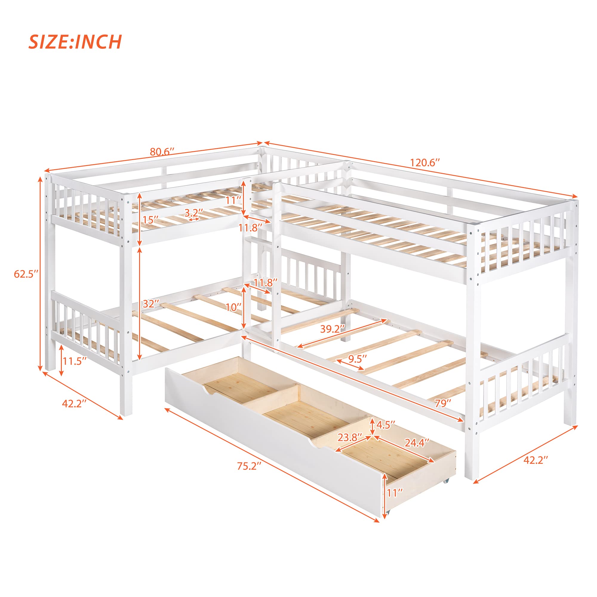 L-Shaped Twin Over Twin Bunk Bed with Storage Drawers - Solid Wood Bunk Bed Frame, No Box Spring Required - Perfect for Kids' Bedroom, Guest Room & Small Spaces (White)