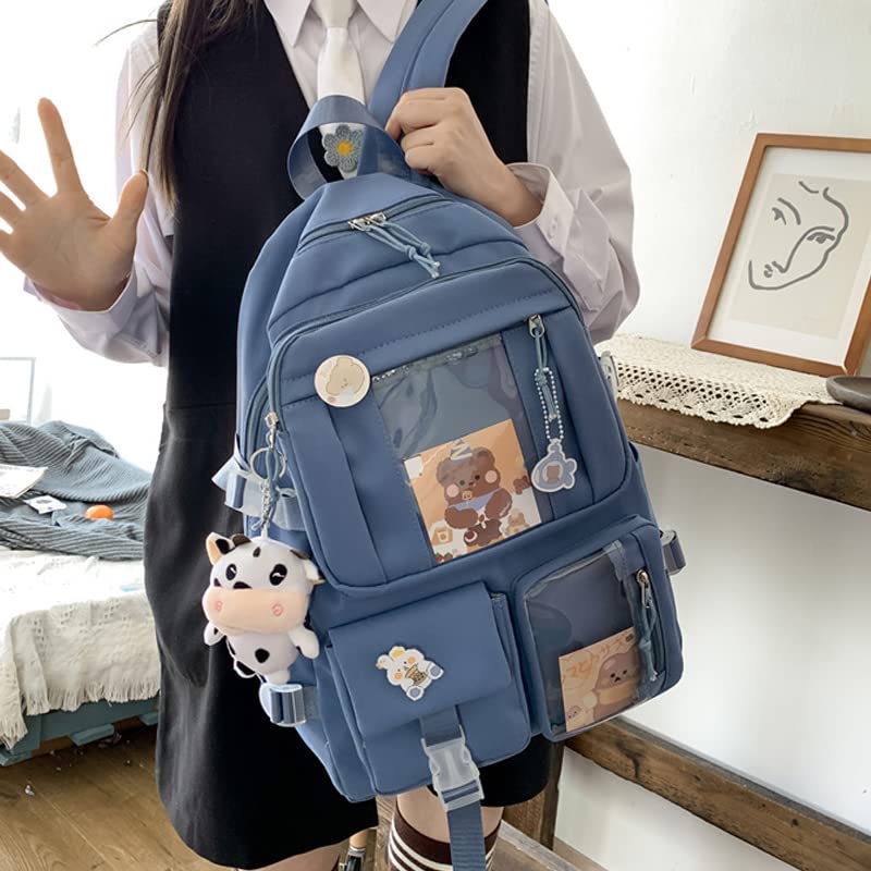 GGOOB Cute Kawaii Backpack for School - Stylish Blue Aesthetic Backpack with Pins & Accessories - Perfect for School, College, Anime Conventions & Daily Use