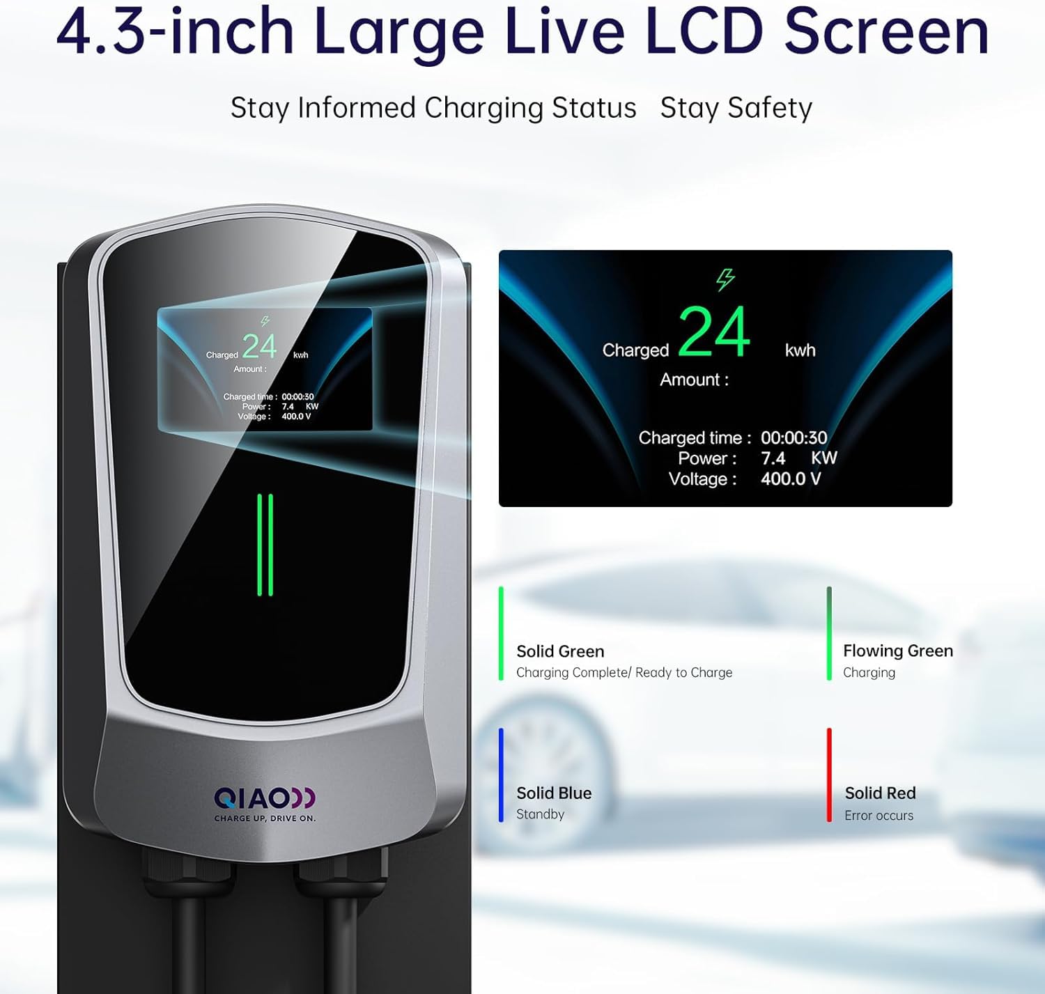 QIAO Level 2 EV Charger 48A Hardwired Electric Vehicle Charging Station with Wi-Fi & Bluetooth APP, 4.3in Display & 25ft Cable - SAE J1772 Compatible for Tesla, Nissan Leaf, Chevy Bolt (White) - Perfect for Home & Commercial Charging Stations