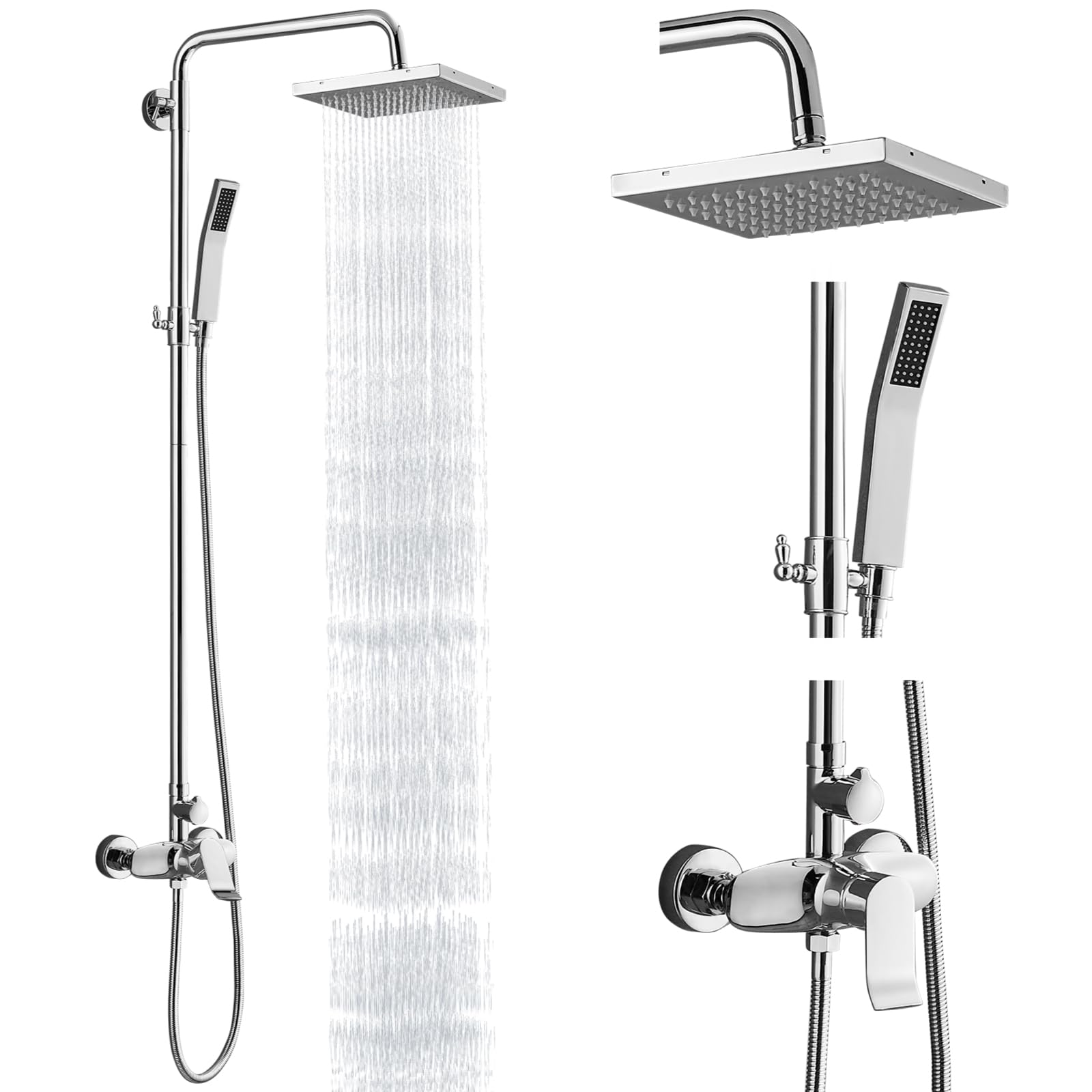 Premium Polish Chrome Exposed Shower System - 2 Function Bathroom Shower Set with 8 Inch Square Rainfall Shower Head & Hand Sprayer - Wall Mounted for Luxurious Spa Experience at Home