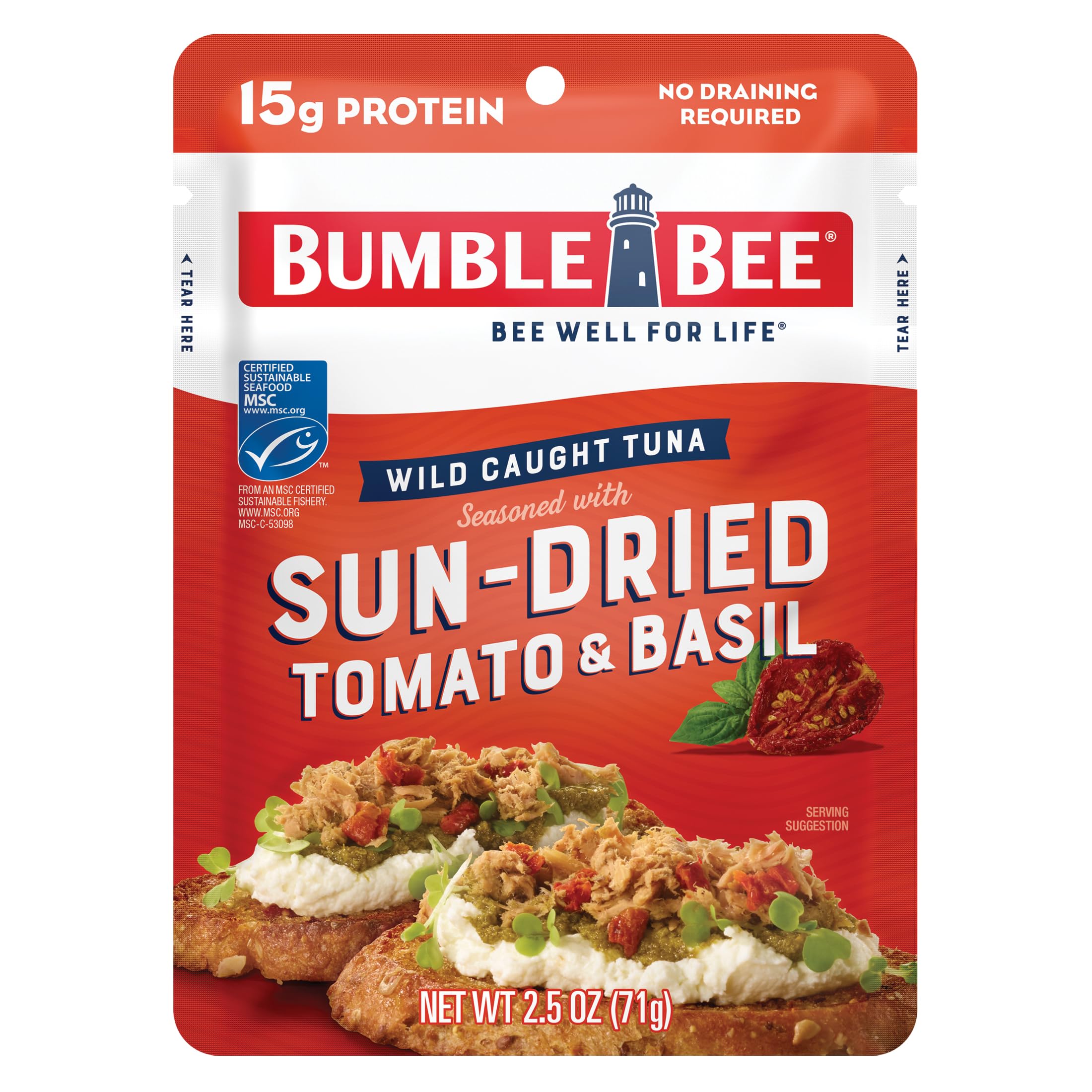 Bumble Bee Sun-Dried Tomato & Basil Seasoned Tuna Pouch, 2.5 oz - Wild Caught, Ready to Eat, High Protein (15g per Serving), Gluten Free - Perfect for Salads, Sandwiches, and On-the-Go Snacks