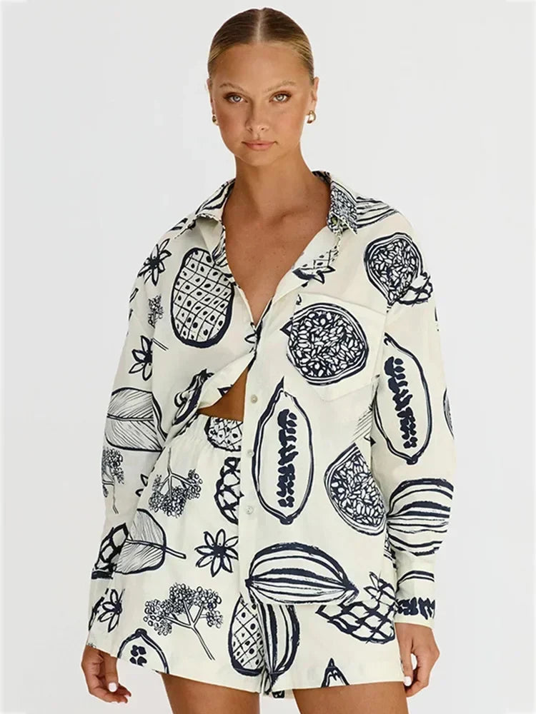 Women's Foridol Fruit Print Pocket Casual Shirt & Shorts Matching Set - Oversized Summer Beach Outfit in White | Perfect for Spring Vacations, Pool Parties & Tropical Getaways