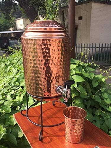 Pure Copper Hammered Water Dispenser with Tap - 10L (338oz) Water Storage Tank & 4 Copper Glasses Set | Ayurvedic Copper Water Pitcher for Home, Office & Wellness | Healthy Hydration & Detox Solution