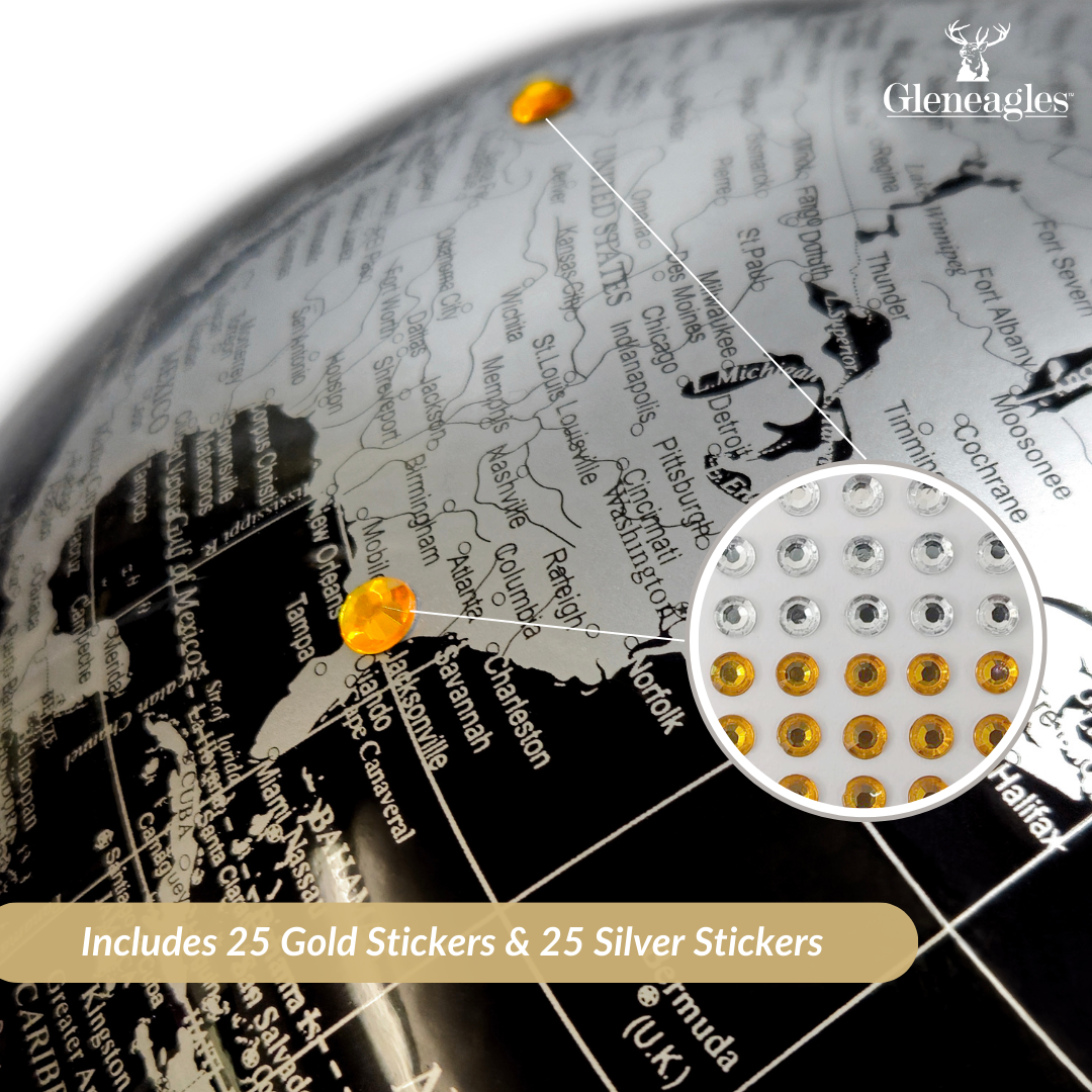 Gleneagles LED Illuminated World Globe - Black & Silver Travel Desk Decor for Home, Office & Gifts