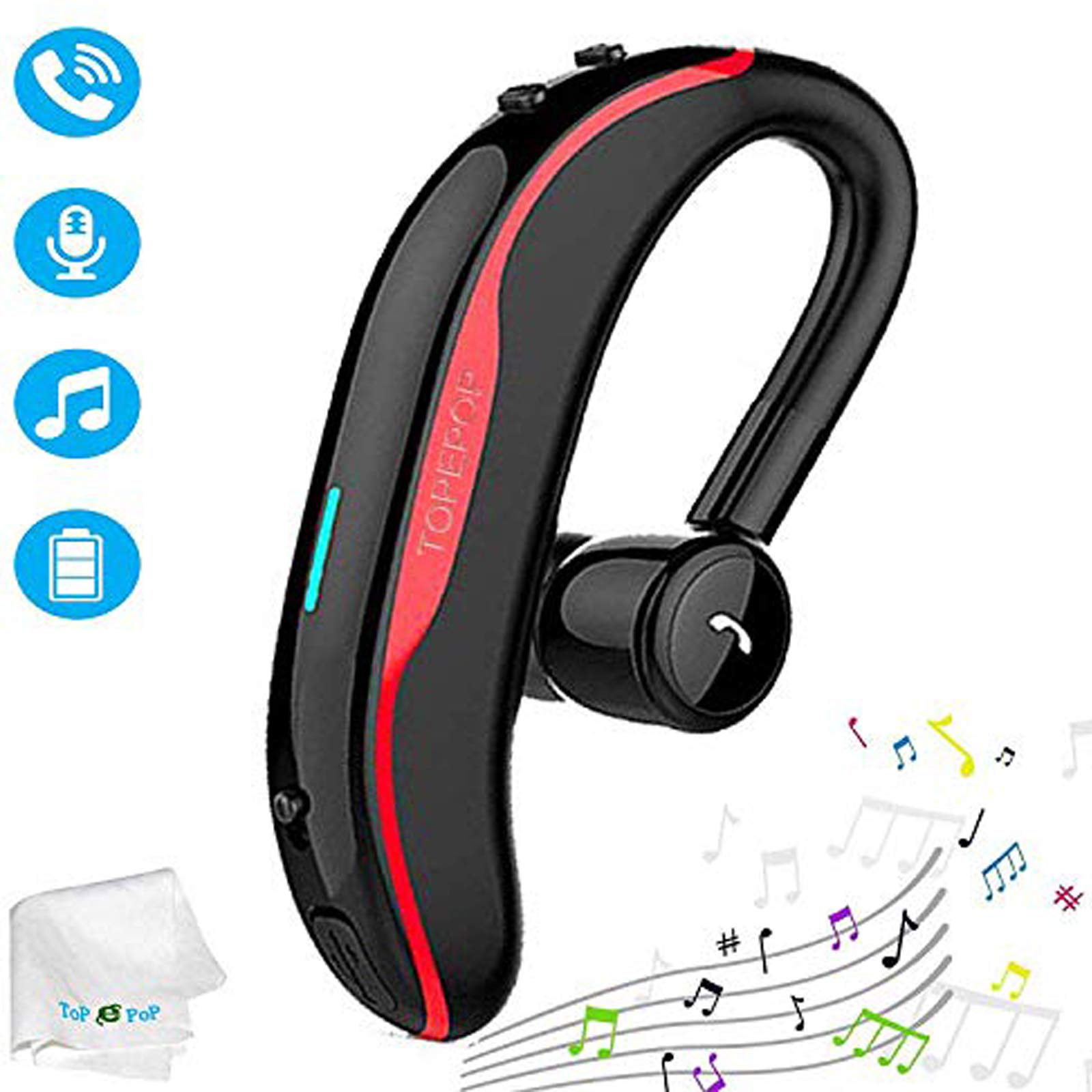 Wireless Bluetooth Earpiece with Noise Cancellation - Hands-Free Headset for Long Talk Time - Compatible with iPhone & Android Phones - Ideal for Car Drivers, Truckers, Business & Office Use (Red)