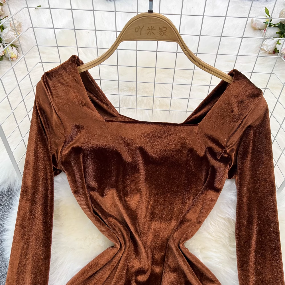 Women's Autumn Winter Long Sleeve Square Neck Velvet Midi Dress 1361 | Elegant Fall & Winter Formal Wear for Parties, Weddings & Holiday Events