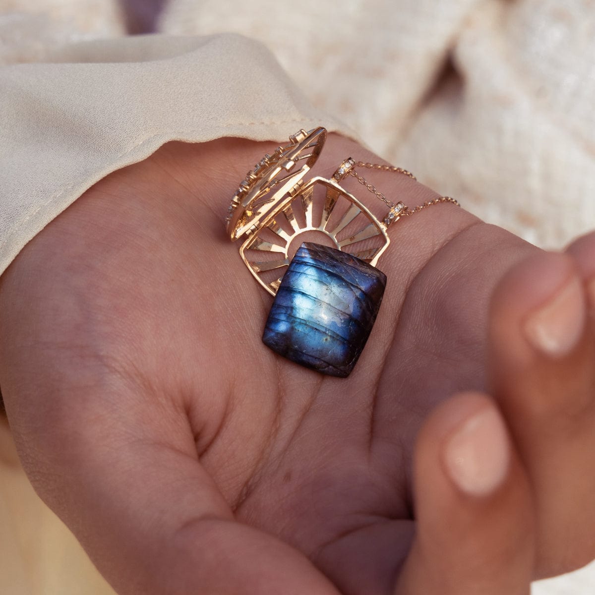 Labradorite Sun & Diamond Locket Necklace - Elegant Gemstone Jewelry for Women, Perfect for Everyday Wear, Special Occasions & Gifts